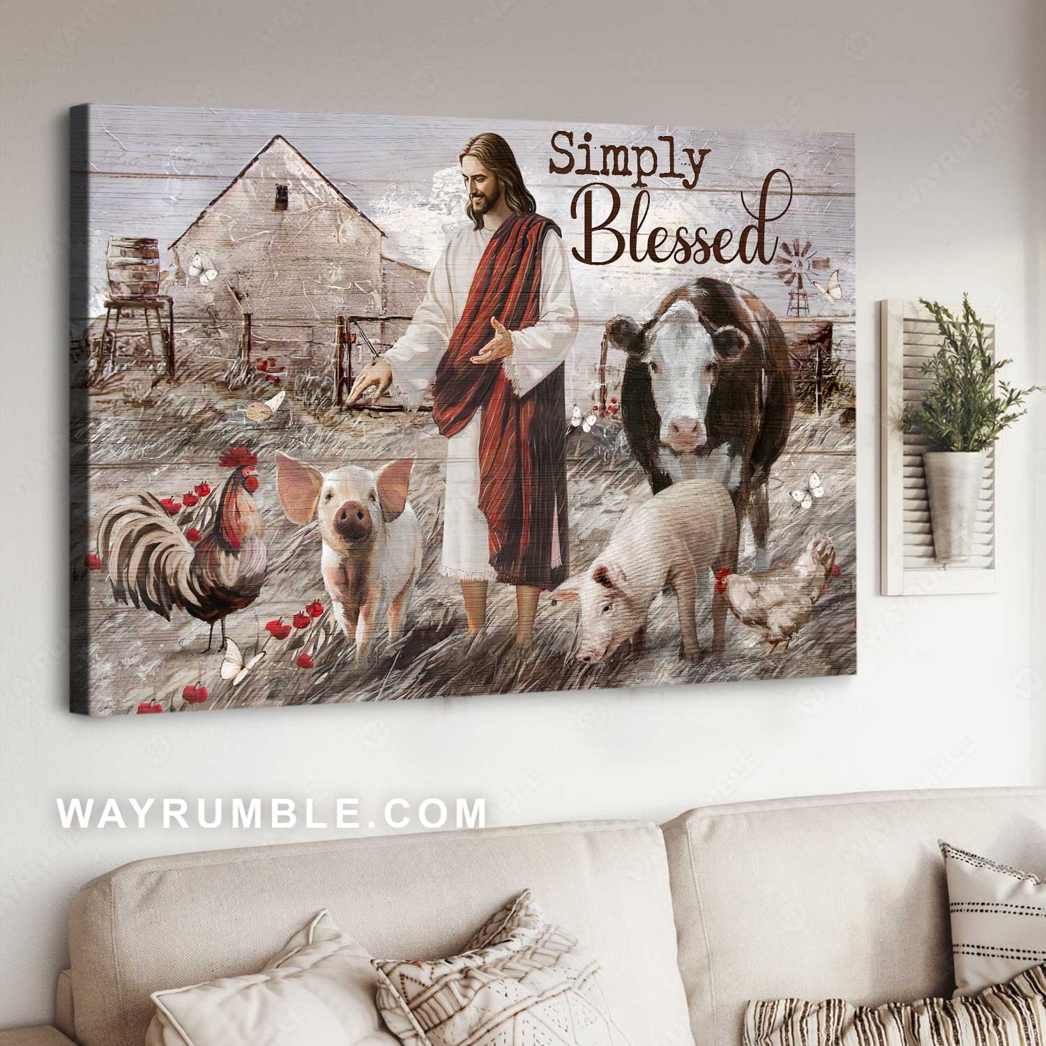 Watercolor farm painting, Happy Jesus, Red flower, Simply blessed - Jesus Landscape Canvas Prints, Home Decor Wall Art