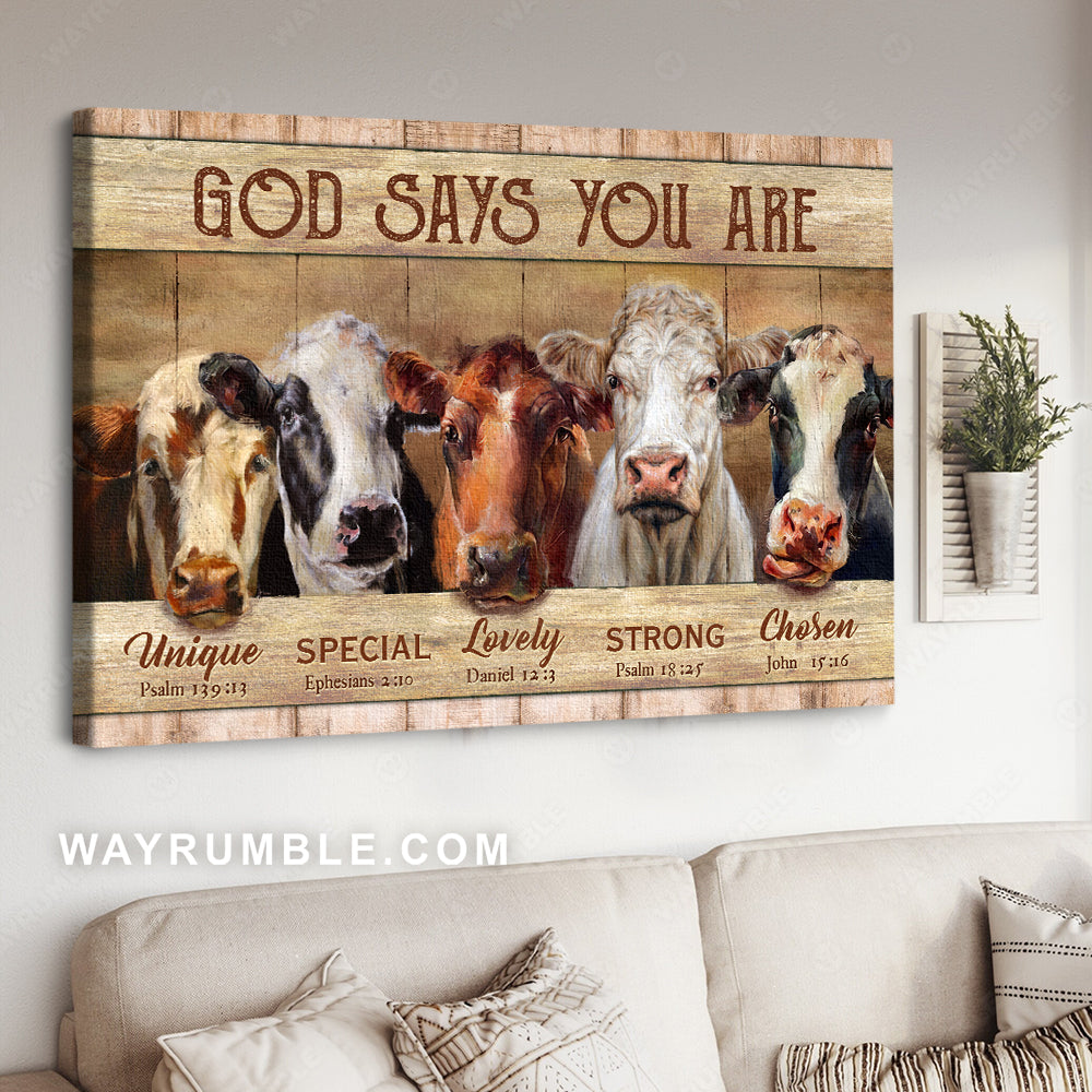 Watercolor cow, Animal drawing, God says you are unique - Jesus Landscape Canvas Prints, Christian Wall Art