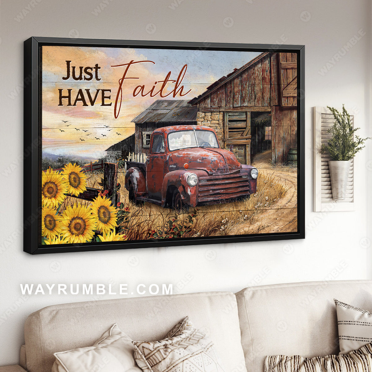 Antique ladybug car, Old farm, Sunflower garden, Just have faith - Jesus Landscape Canvas Prints, Home Decoration Wall Art
