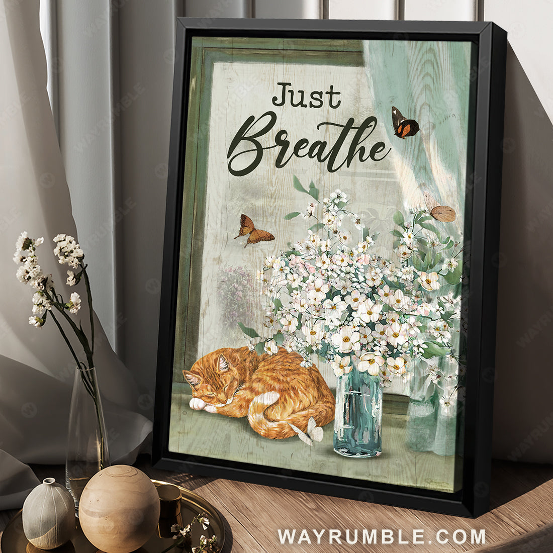 Sleeping cat, White flower vase, Spring painting, Just breathe - Jesus Portrait Canvas Prints, Christian Wall Art