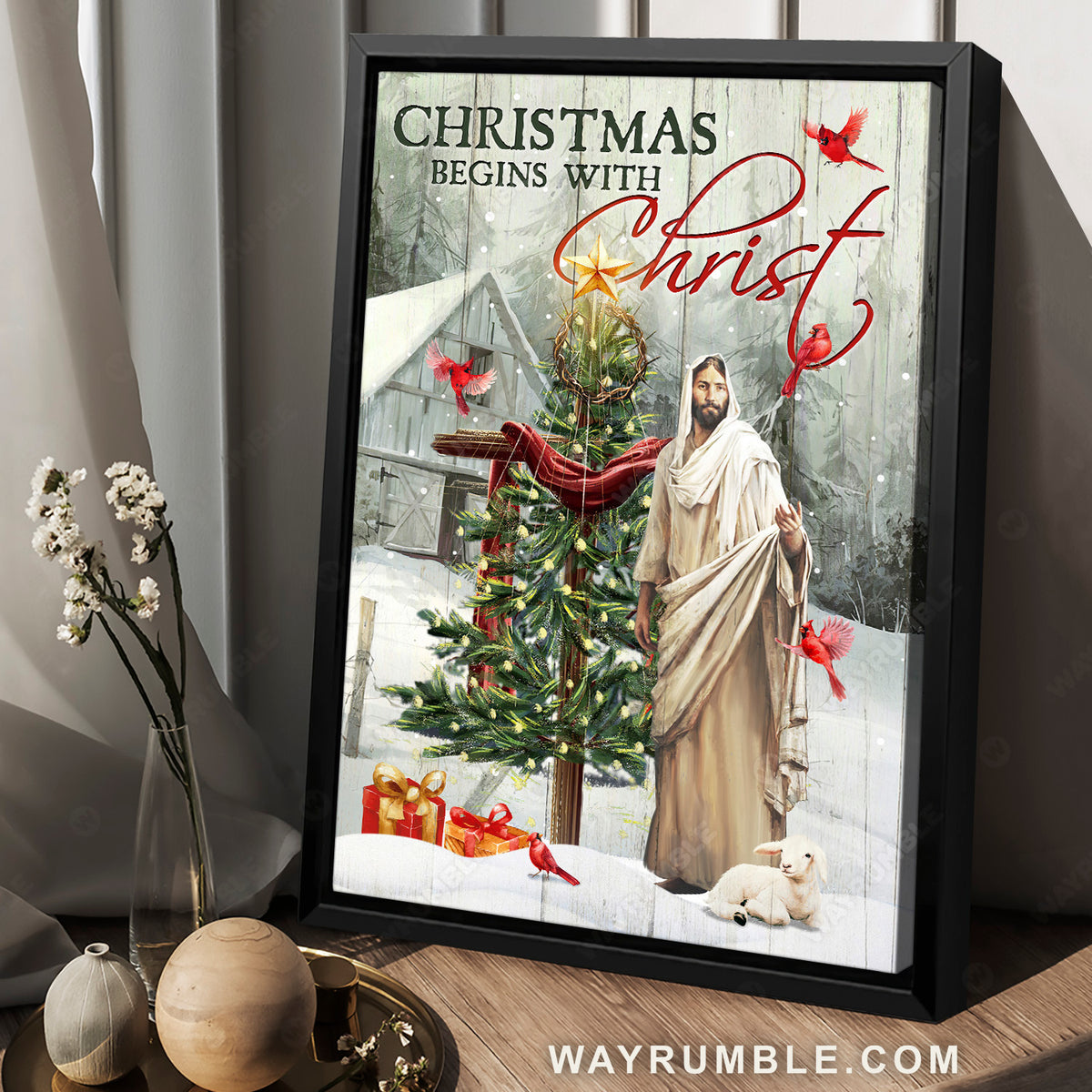 Stunning Jesus painting, Beautiful Christmas tree, Christmas begins with Christ - Jesus Portrait Canvas Prints, Home Decor Wall Art