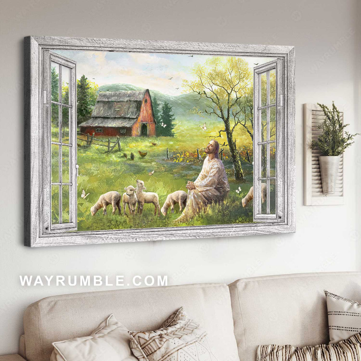 Meadow land painting, Lamb farm, Jesus drawing, Countryside artwork - Jesus Landscape Canvas Prints, Home Decor Wall Art