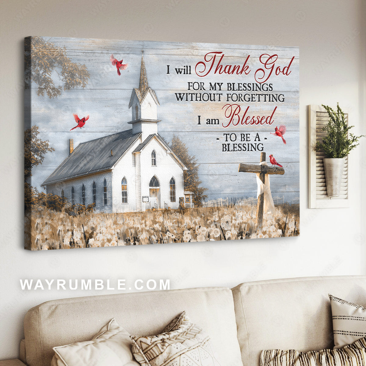 Peach church, Pretty flower garden, Cardinal, I will thank you for my blessings - Jesus Landscape Canvas Prints, Home Decor Wall Art