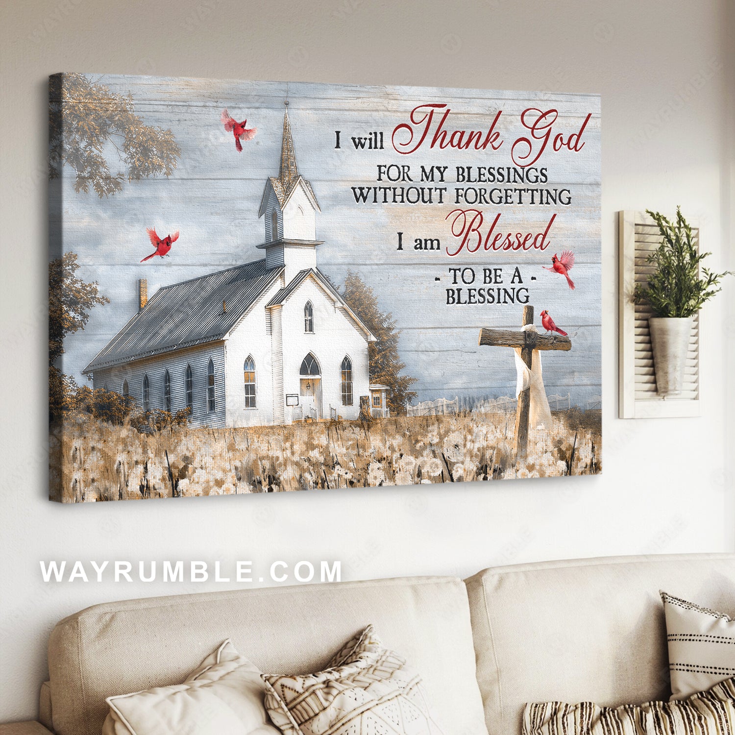 Peach church, Pretty flower garden, Cardinal, I will thank you for my blessings - Jesus Landscape Canvas Prints, Home Decor Wall Art