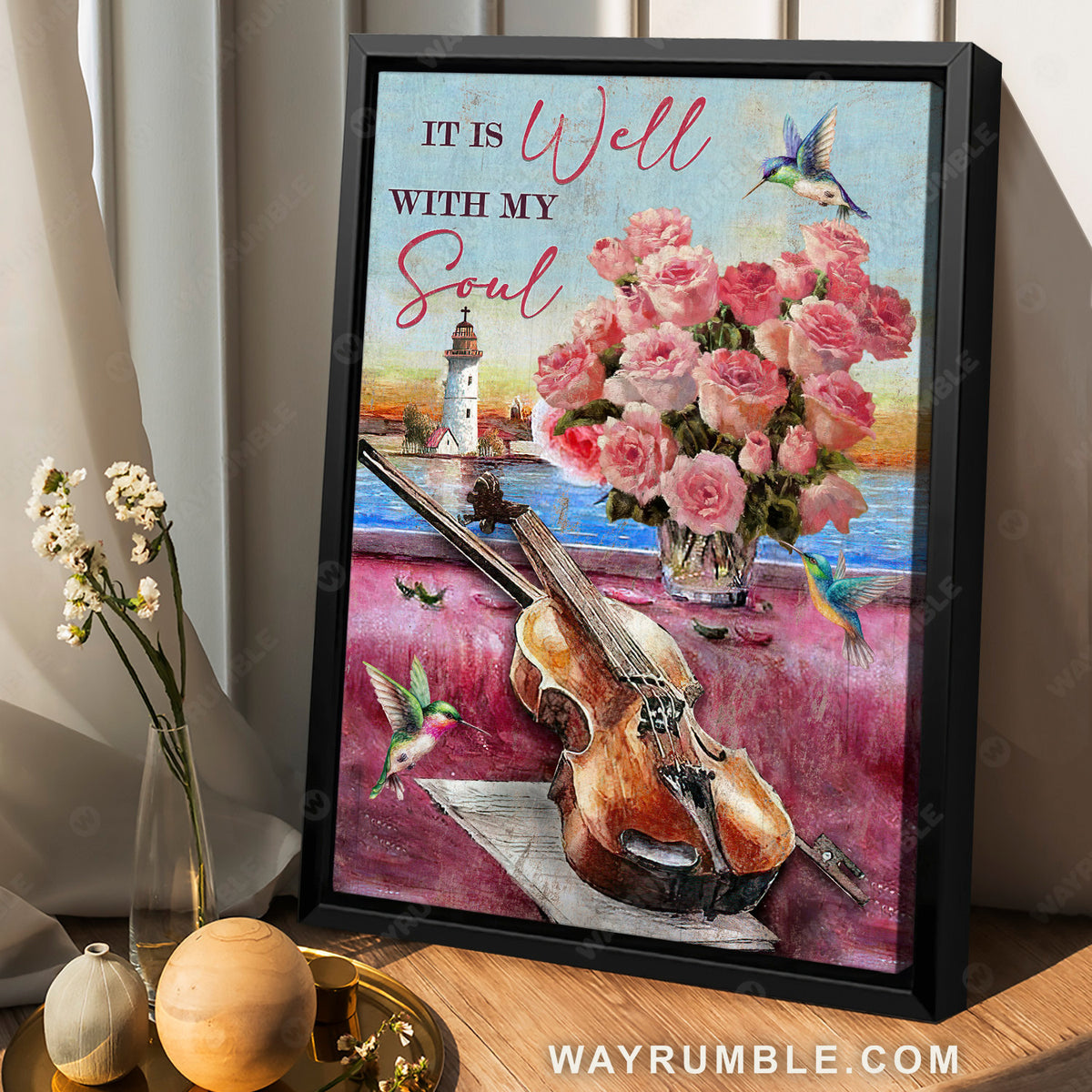Watercolor guitar, Pretty rose vase, Pink background, It is well with my soul - Jesus Portrait Canvas Prints, Christian Wall Art