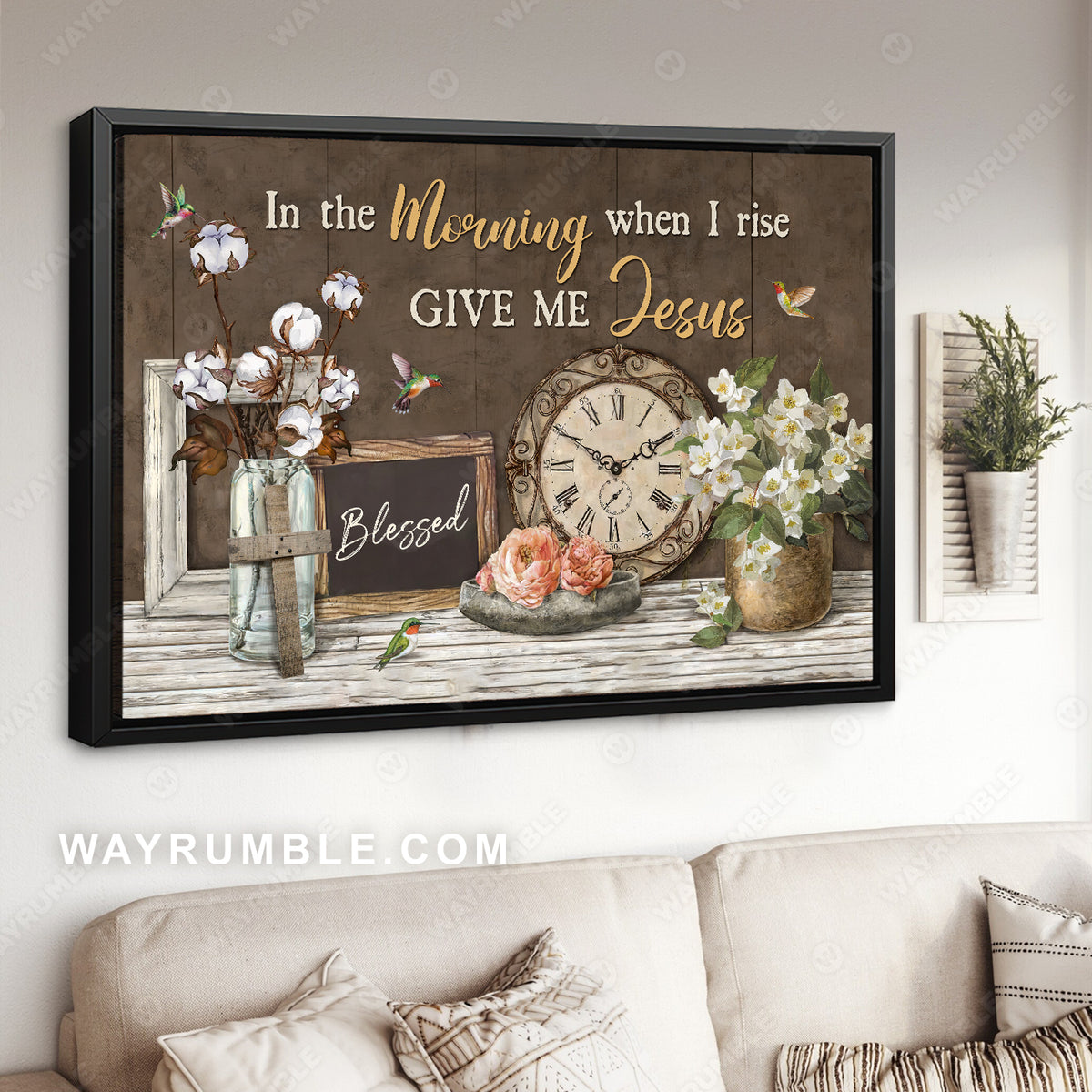 Antique clock, Cotton flower, Jasmine, In the morning when I rise - Jesus Landscape Canvas Prints, Home Decor Wall Art