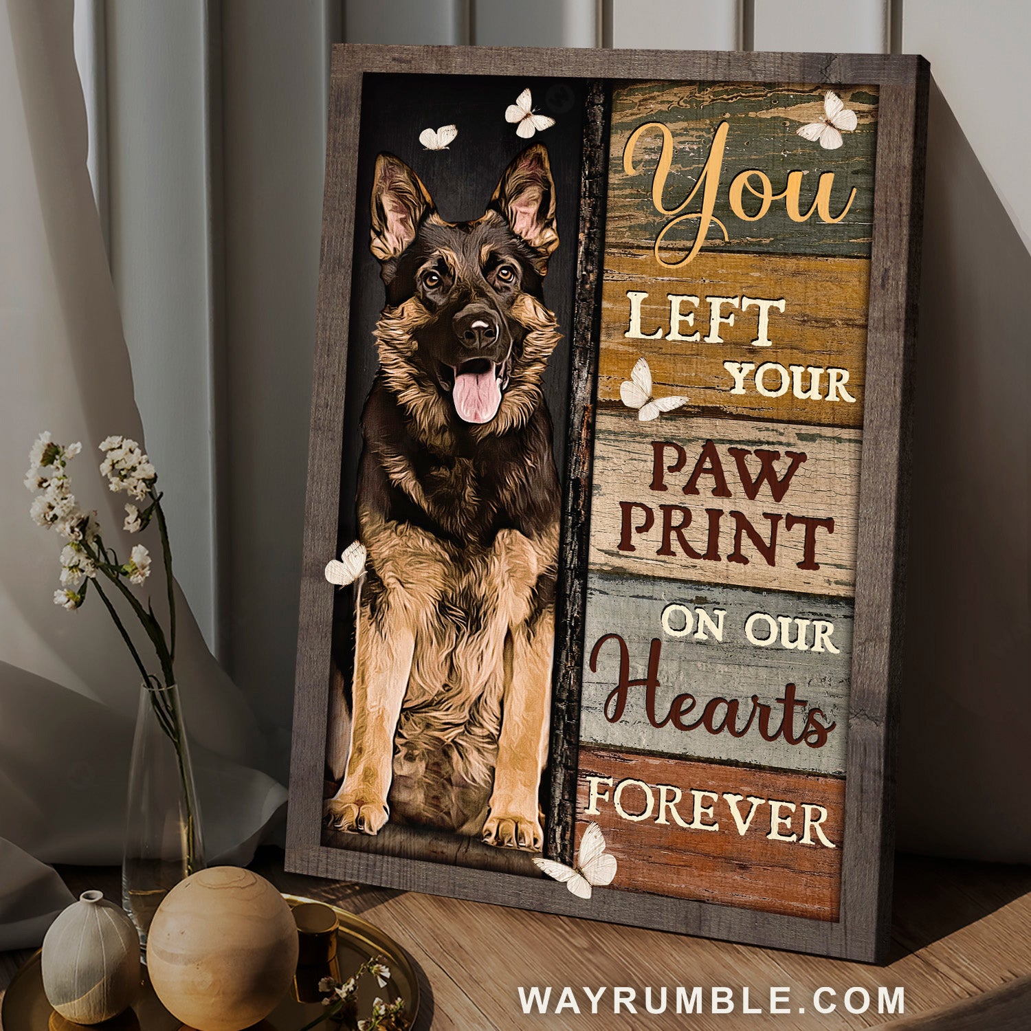 Cute German Shepherd, White butterfly, You left your paw print on our hearts - Jesus Portrait Canvas Prints, Christian Wall Art