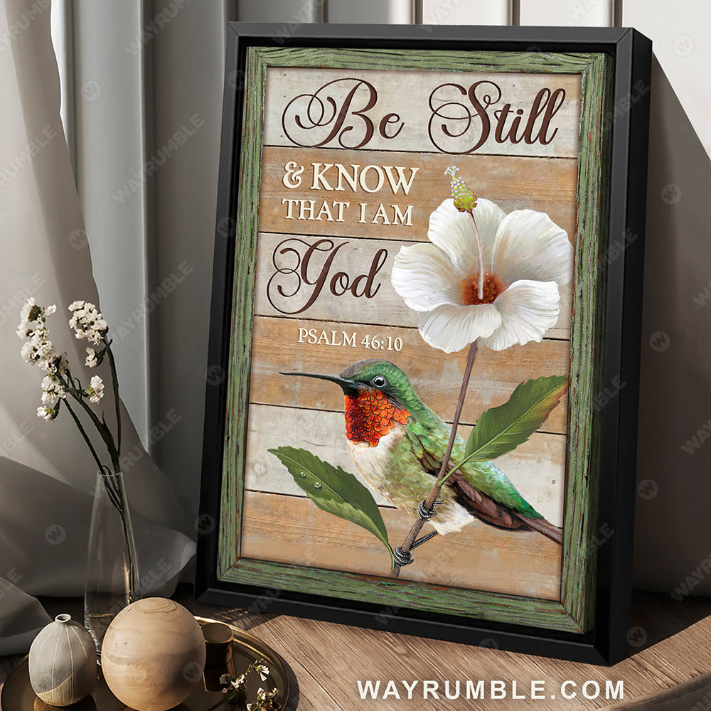 White hibiscus flower, Hummingbird painting, Be still and know that I am God - Jesus Portrait Canvas Prints, Wall Art