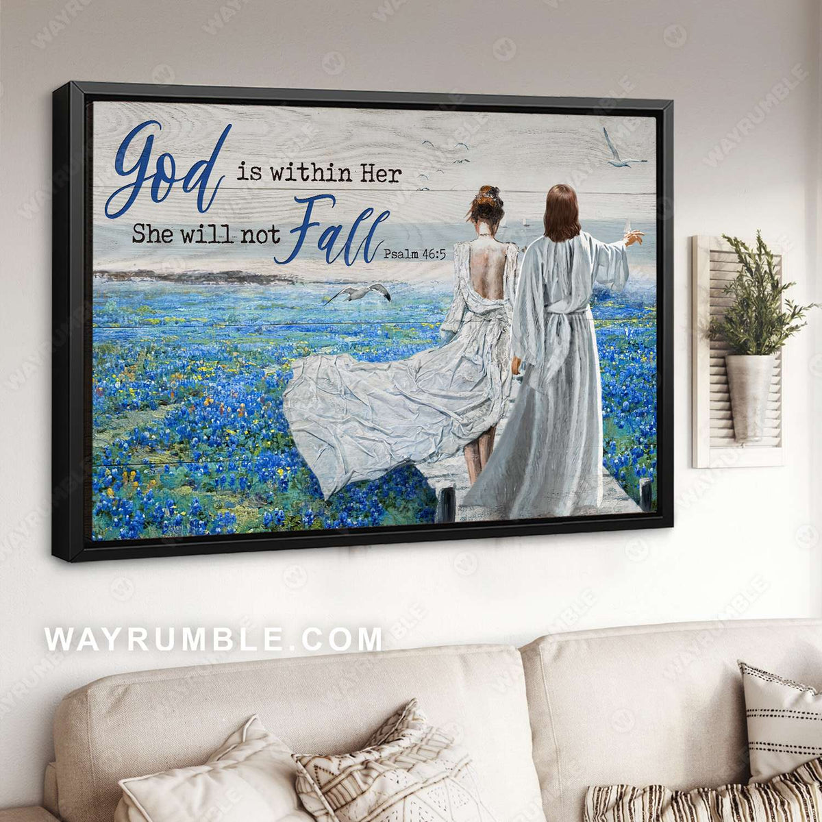 Blue flower field, Walking with Jesus, God is within her, She will not fall - Jesus Landscape Canvas Prints, Christian Wall Art