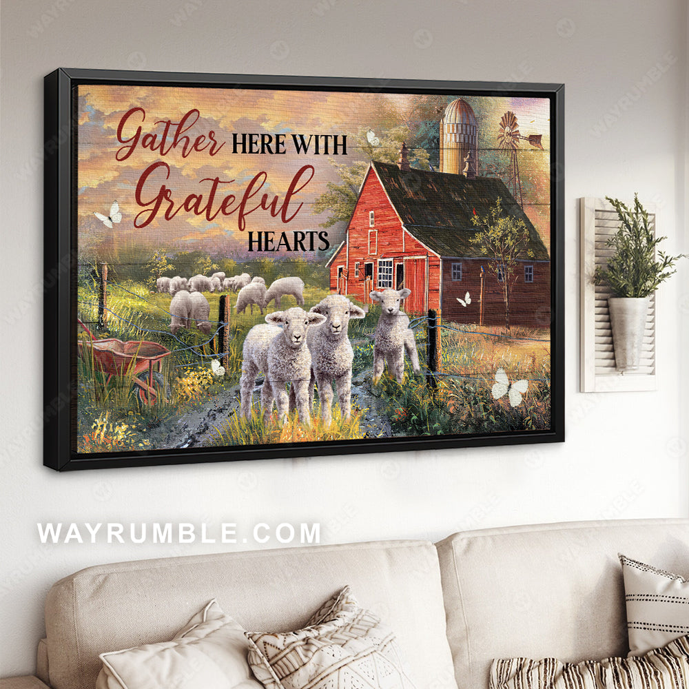 Cute sheep, Green farm, Colorful sunset, Gather here with grateful hearts - Jesus Landscape Canvas Prints, Christian Wall Art