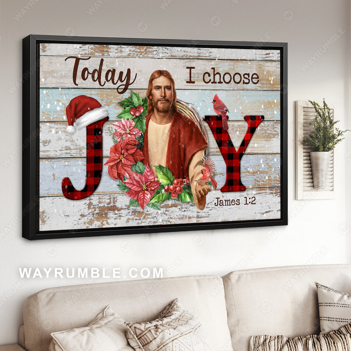 Poinsettia flower wreath, Jesus painting, Christmas vibe, Today I choose joy - Jesus Landscape Canvas Prints, Home Decor Wall Art