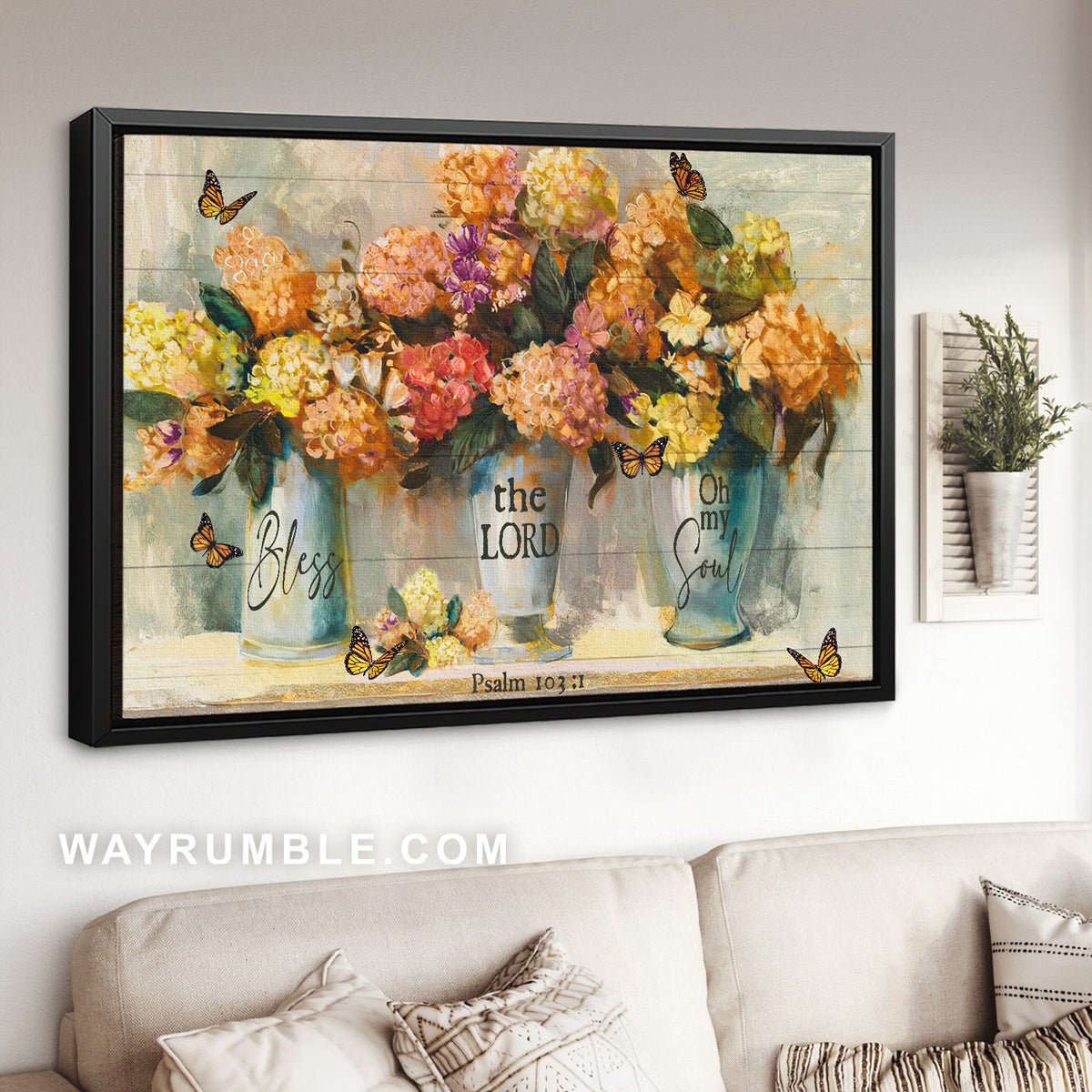 Orange hydrangea, Pretty flower, Monarch butterfly, Bless the Lord - Jesus Landscape Canvas Prints, Home Decor Wall Art