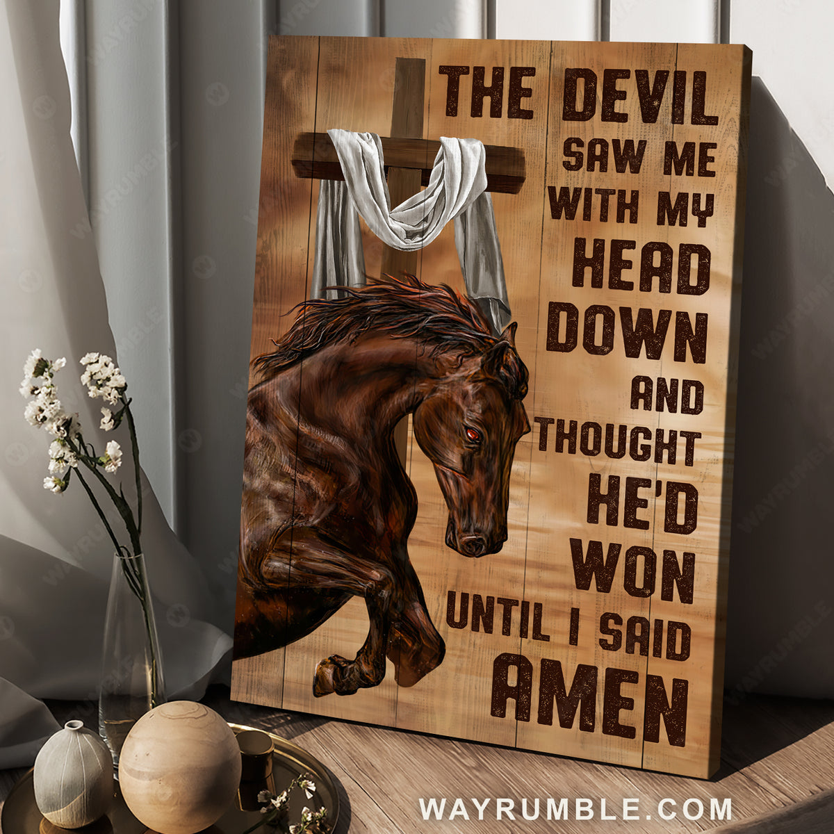 Brown horse, Stunning painting, Cross, The devil saw me with my head down - Jesus Portrait Canvas Prints, Christian Wall Art