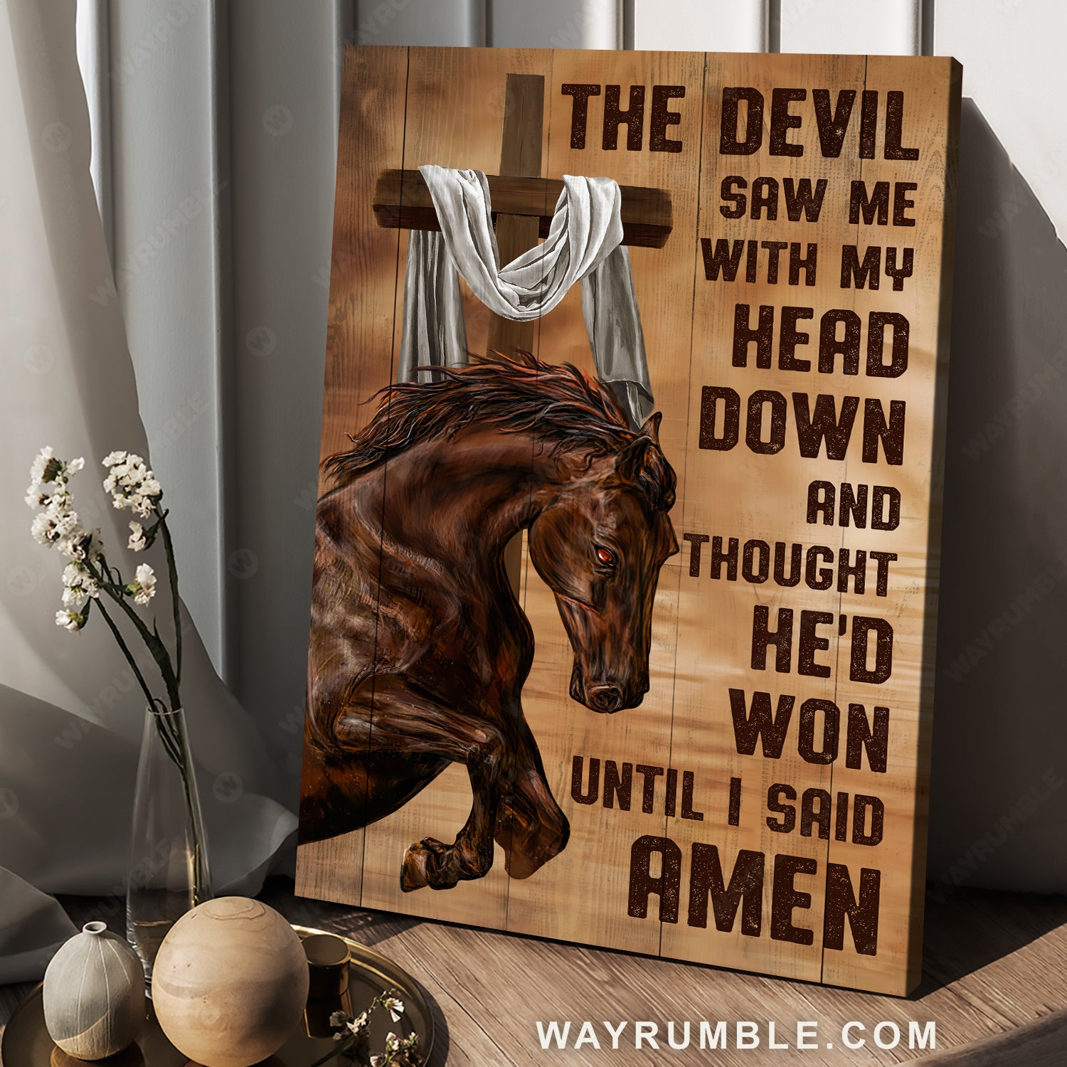 Brown horse, Stunning painting, Cross, The devil saw me with my head down - Jesus Portrait Canvas Prints, Christian Wall Art