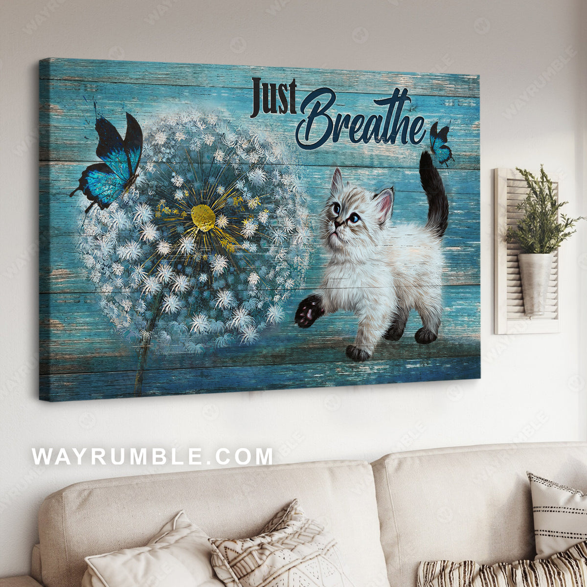Little cat, Big dandelion flower, Blue butterfly, Just breathe - Jesus Landscape Canvas Prints, Christian Wall Art