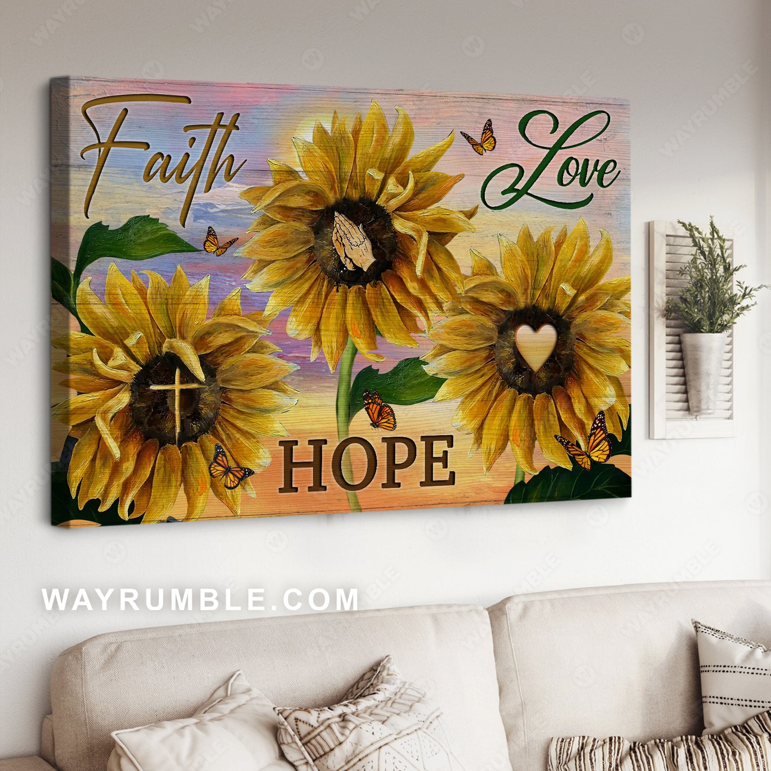 Watercolor sunflower, Colorful sunset, Monarch butterfly, Faith, Love, Hope - Jesus Landscape Canvas Prints, Home Decor Wall Art