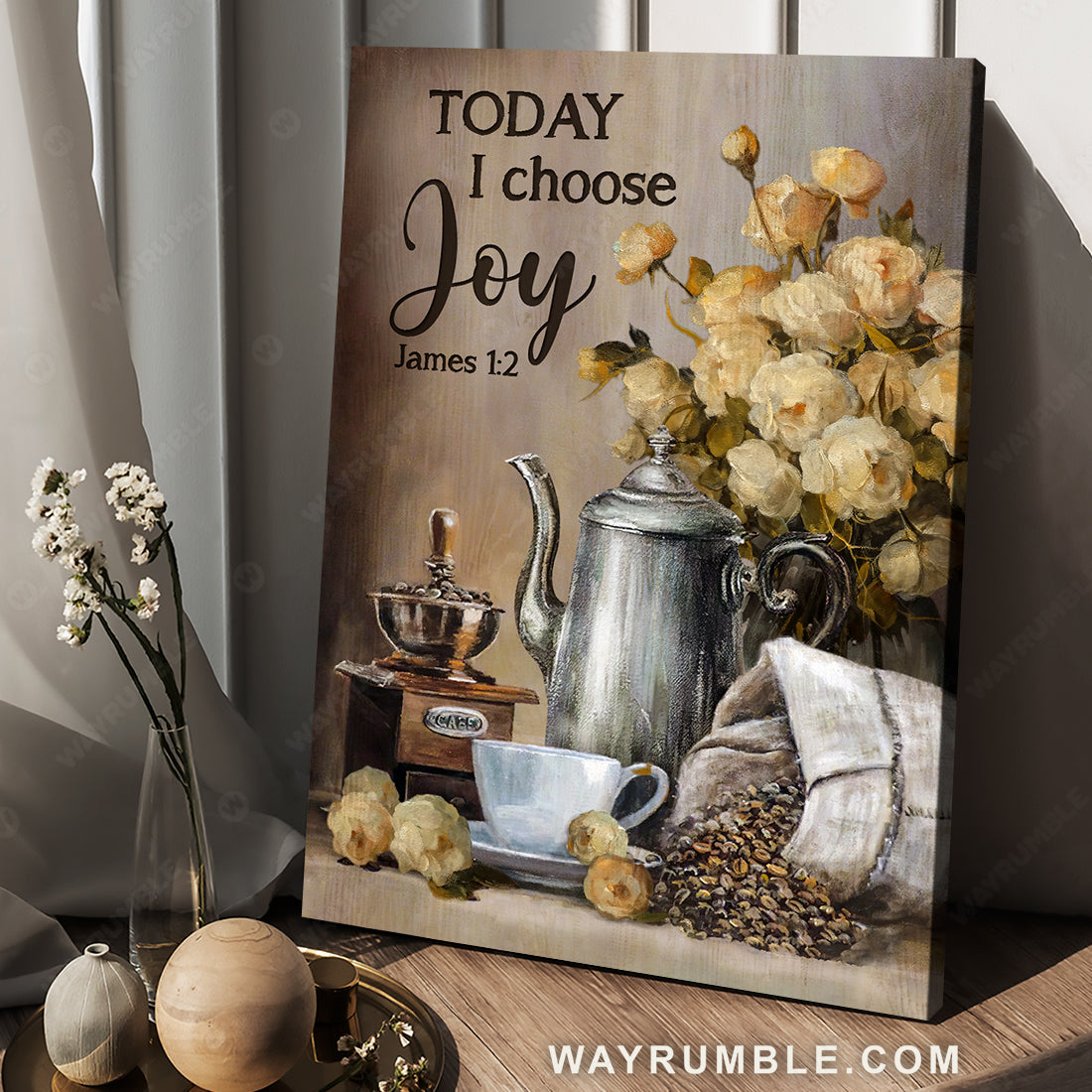 Yellow climbing rose, Gift for coffee lover, Today I choose joy - Jesus Portrait Canvas Prints, Christian Wall Art