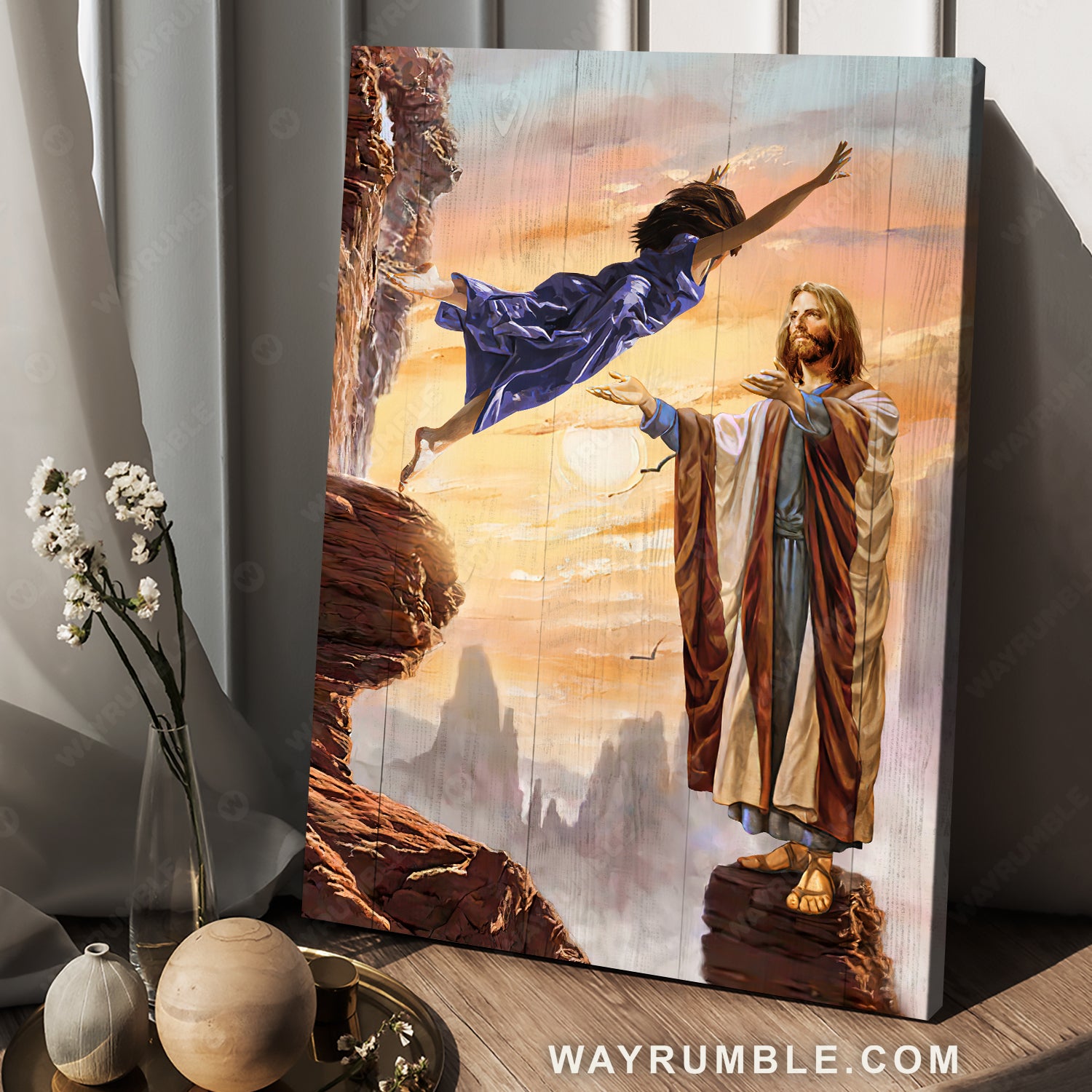 Walking with Jesus, Little girl, Purple dress, Pretty sunset - Jesus Portrait Canvas Prints, Christian Wall Art