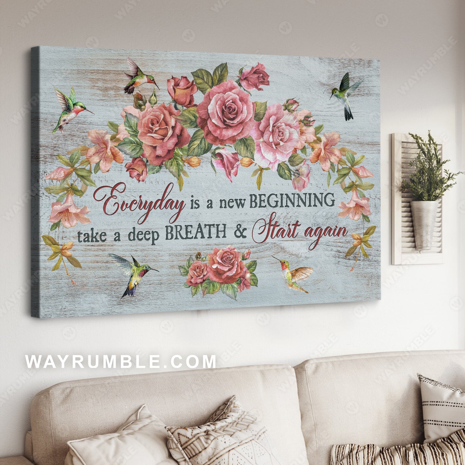 Stunning flower wreath, Colorful hummingbird, Every day is a new beginning - Jesus Landscape Canvas Prints, Home Decor Wall Art