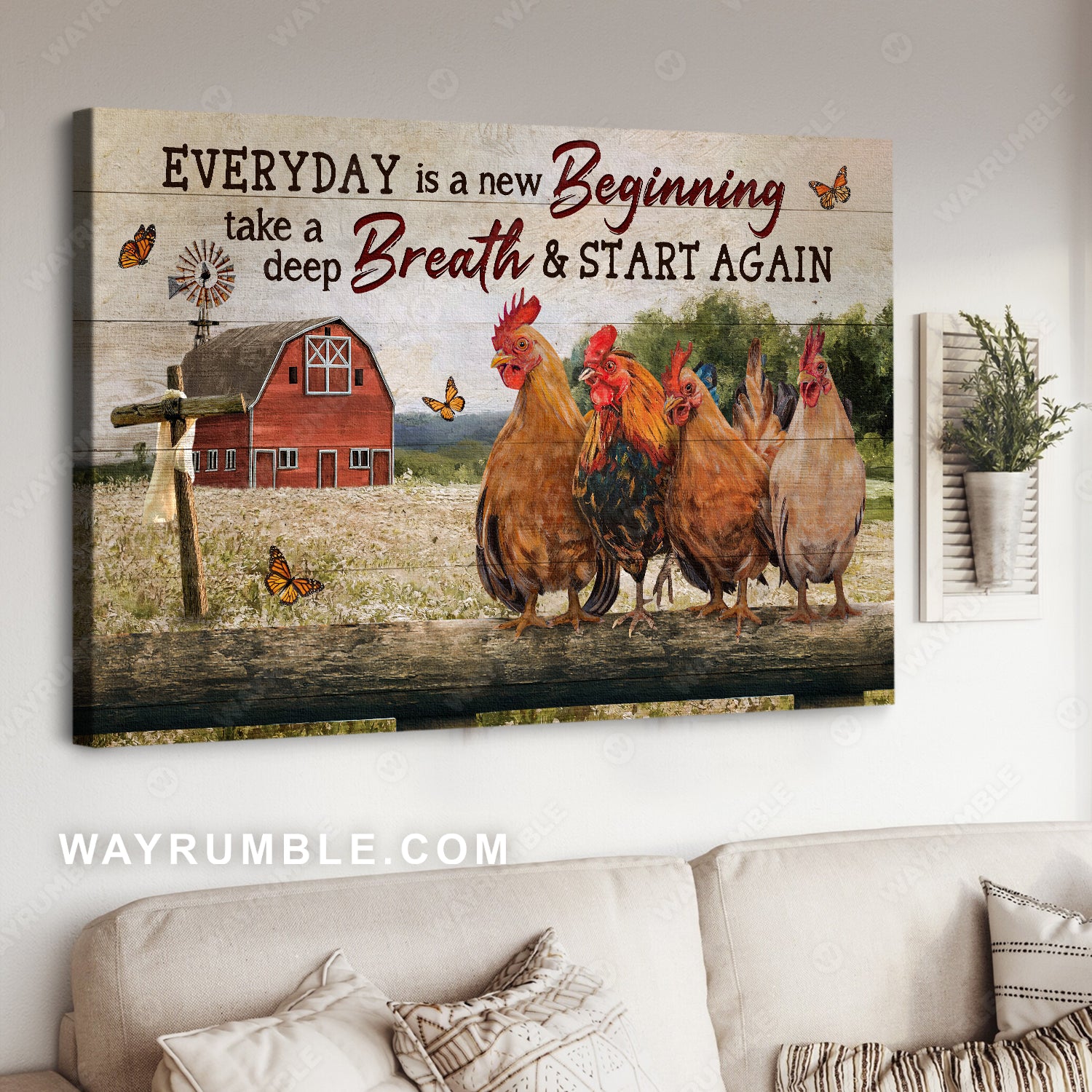 Cute rooster, Happy farm, Red house, Everyday is a new beginning - Jesus Landscape Canvas Prints, Home Decor Wall Art