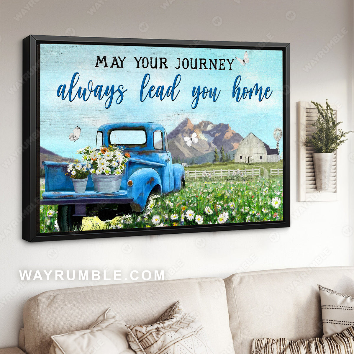 Blue ladybug car, Daisy field, Beautiful sky, May your journey always lead you home - Jesus Landscape Canvas Prints, Wall Art