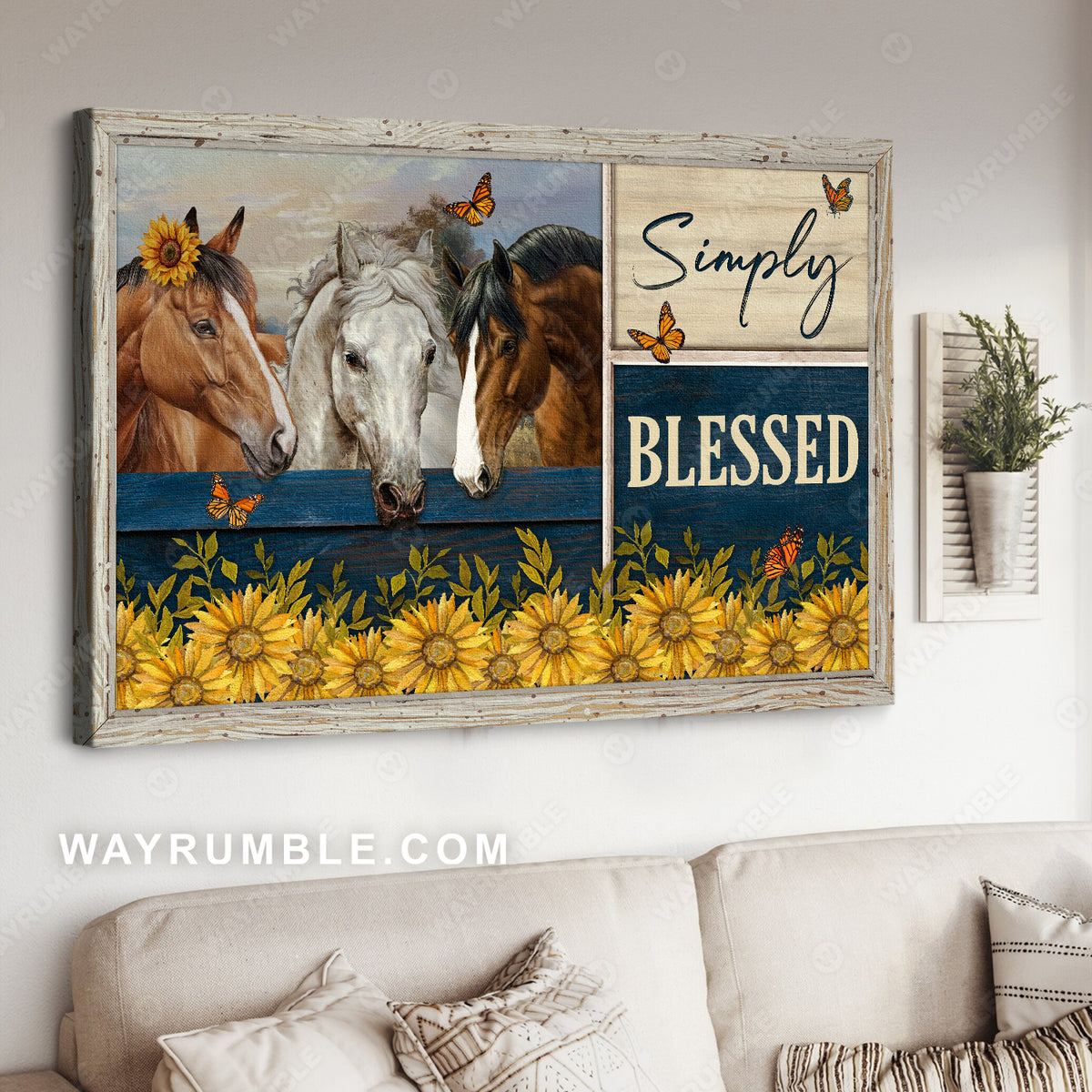 Beautiful horses, Sunflower garden, Monarch butterfly, Simply blessed - Jesus Landscape Canvas Prints, Christian Wall Art