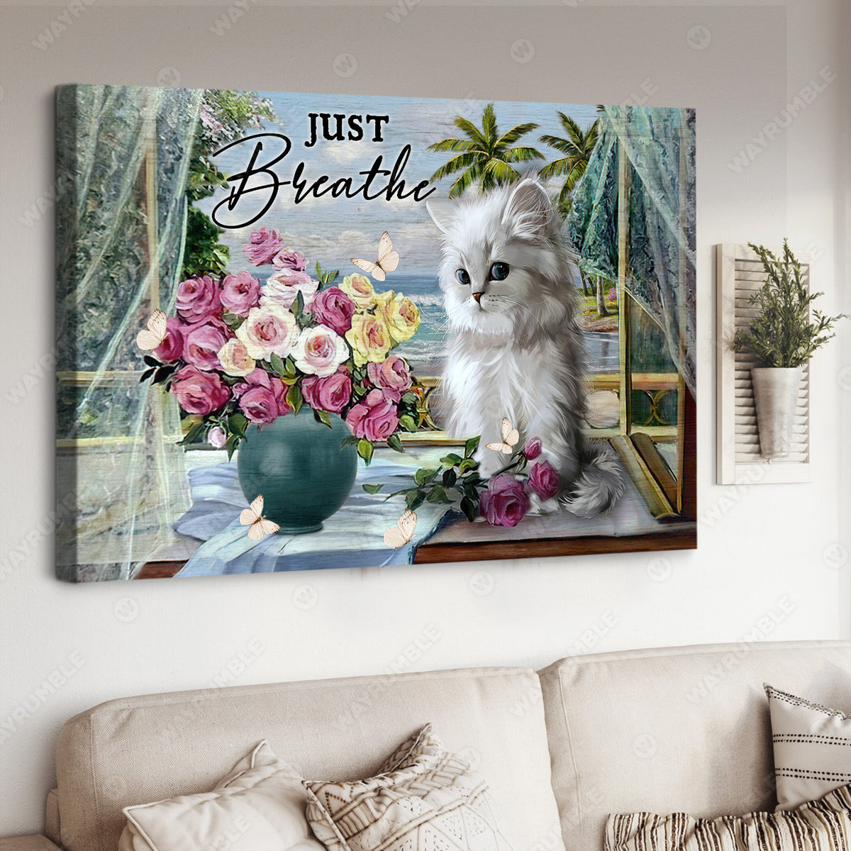 White cat, Colorful rose vase, Ocean view, Just breathe - Jesus Landscape Canvas Prints, Christian Wall Art
