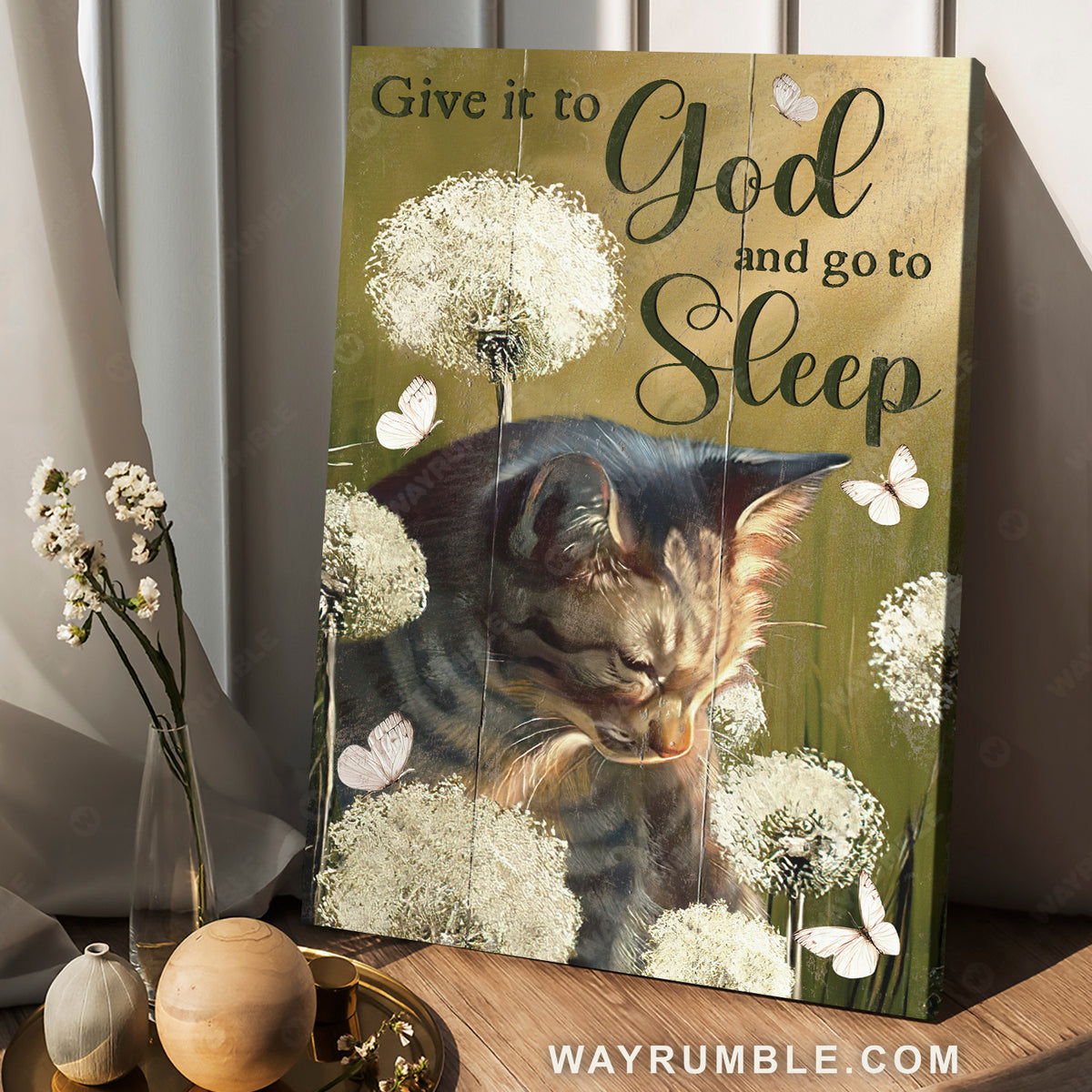 Watercolor cat, Dandelion field, Give it to God and go to sleep - Jesus Portrait Canvas Prints, Christian Wall Art