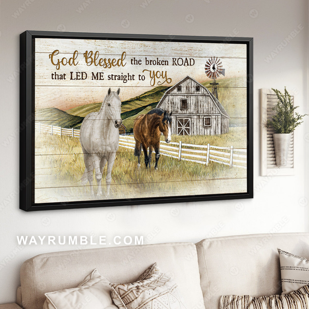 Green meadow scene, Beautiful horse, God blessed the broken road - Jesus Landscape Canvas Prints, Home Decor Wall Art