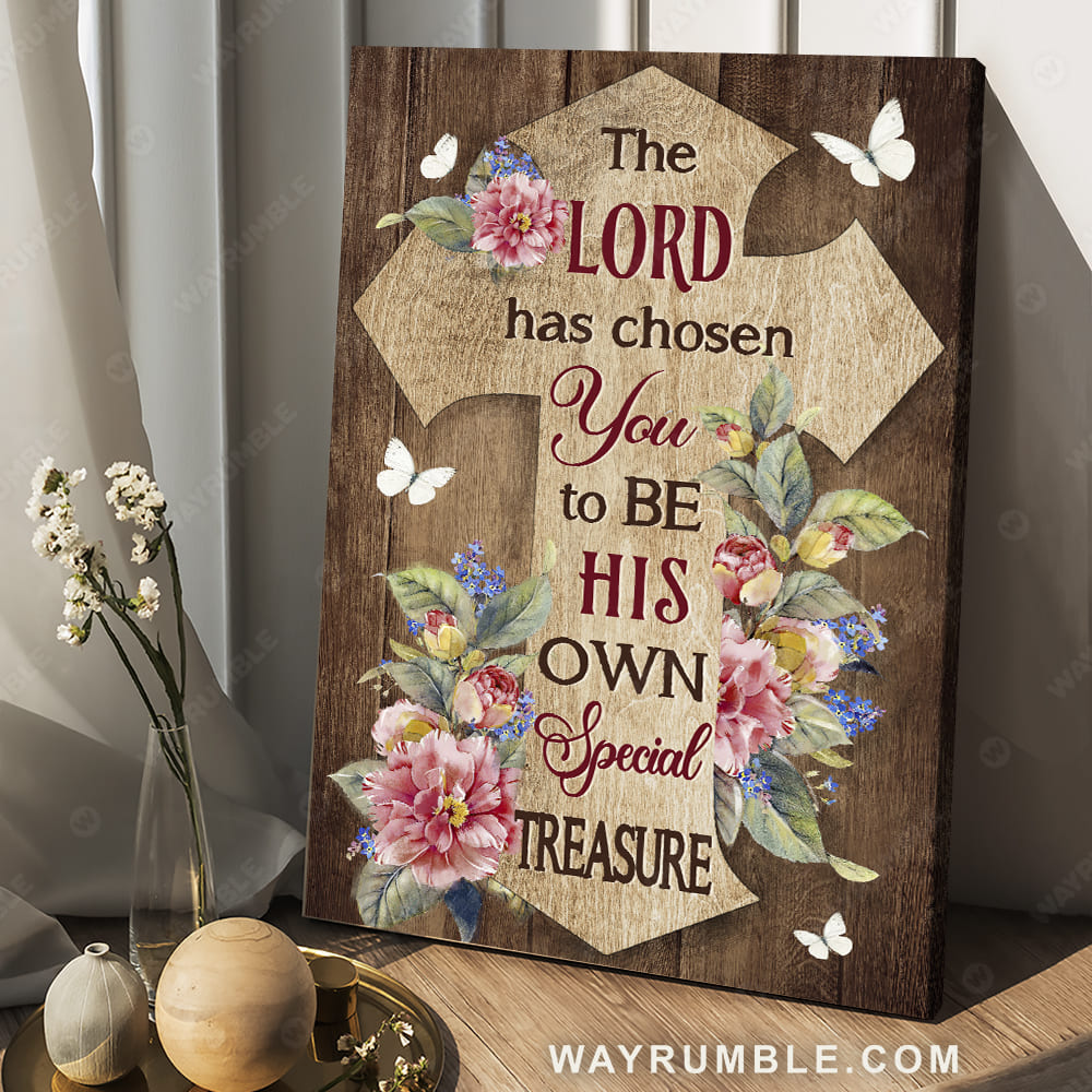 Carnation flowers, Wooden cross, White butterfly, The Lord has chosen you - Jesus Portrait Canvas Prints, Christian Wall Art