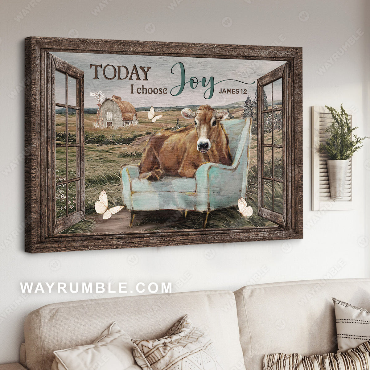 Watercolor cow, Blue chair, Farm painting, Today I choose joy - Jesus Landscape Canvas Prints, Christian Wall Art