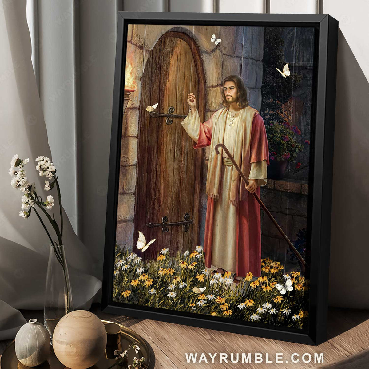 Jesus knock the door, Daisy garden, White butterfly, Jesus painting - Jesus Portrait Canvas Prints, Home Decor Wall Art