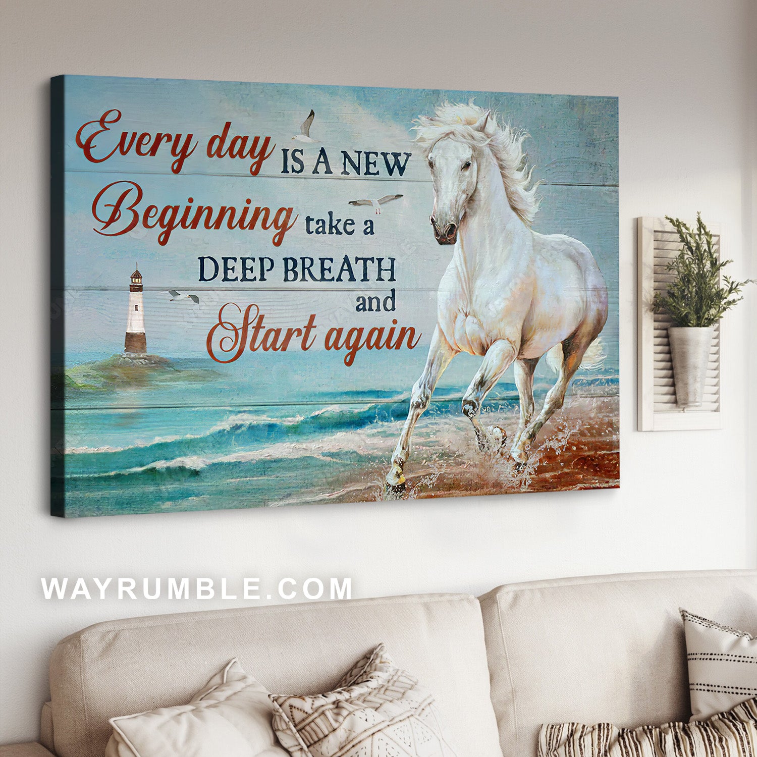 Blue ocean, Running horse, Lighthouse, Every day is a new beginning - Jesus Landscape Canvas Prints, Christian Wall Art