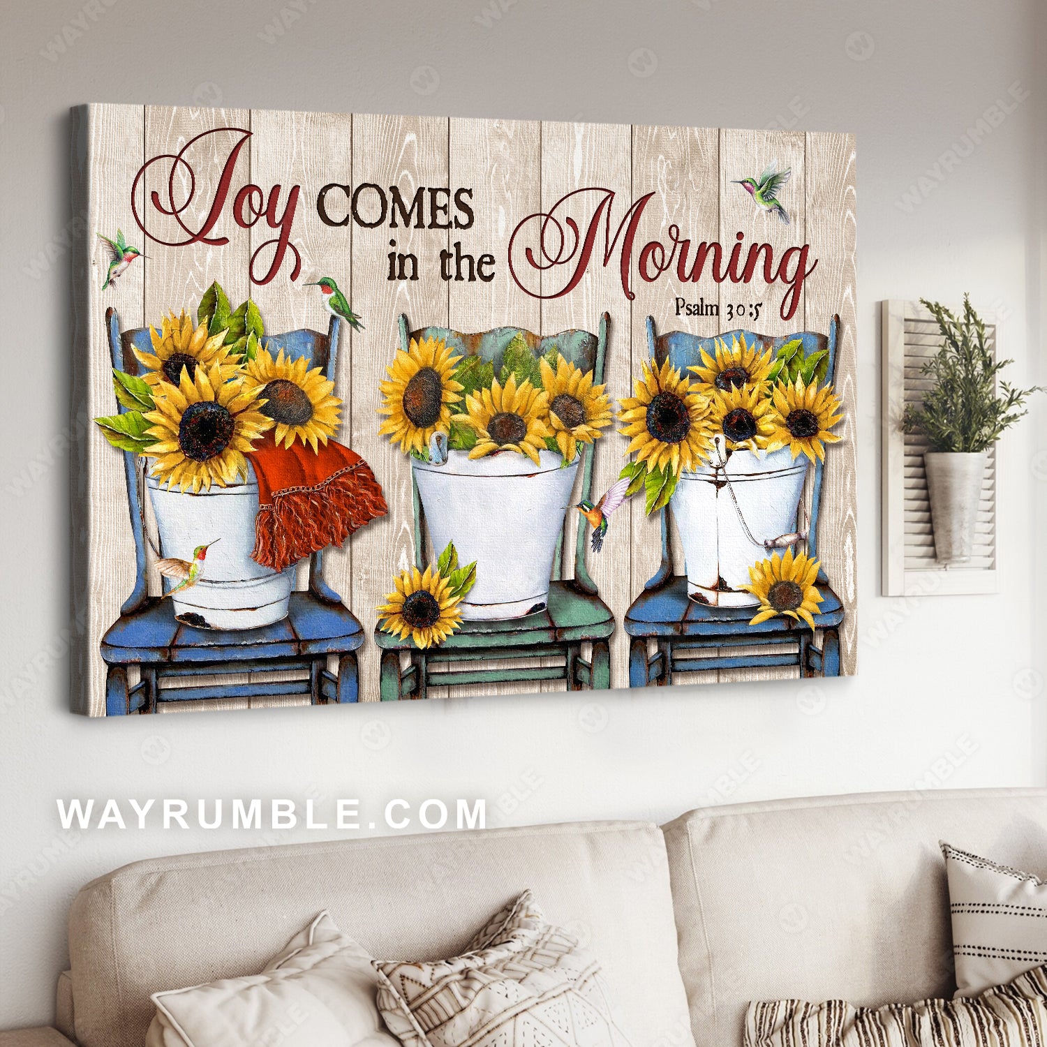 Colorful chairs, Sunflower vase, Hummingbird, Joy comes in the morning - Jesus Landscape Canvas Prints, Home Decor Wall Art