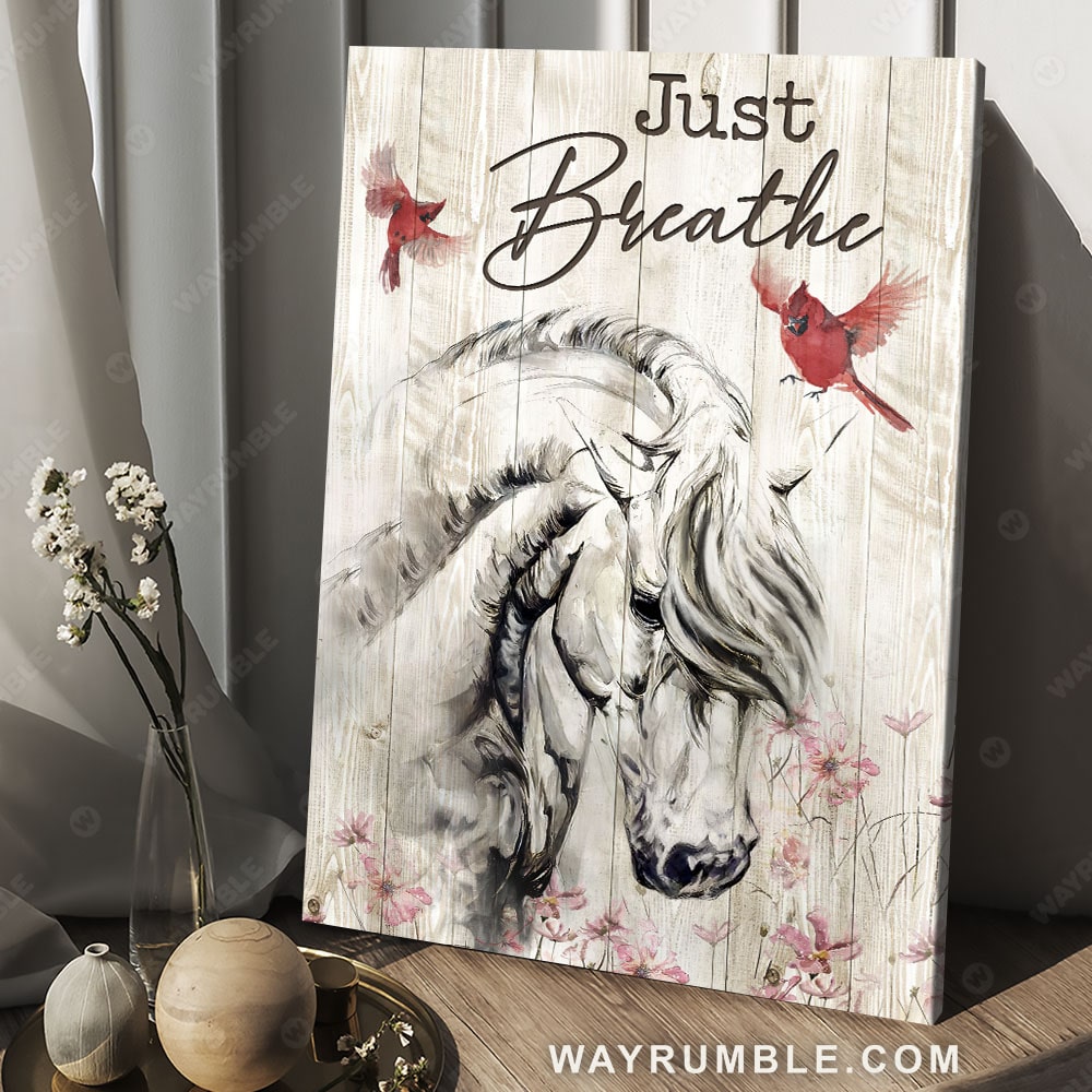 Beautiful white horse, Red cardinal, Pink flower garden, Just breathe - Jesus Portrait Canvas Prints, Christian Wall Art