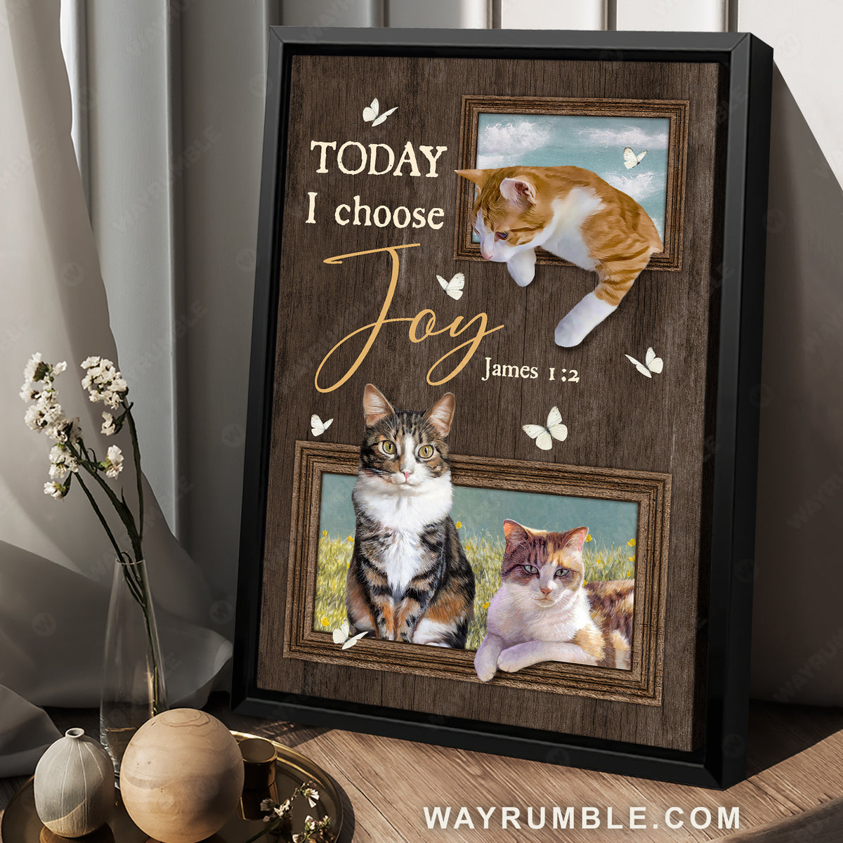 Pretty cat, Yellow daisy field, White butterfly, Today I choose joy - Jesus Portrait Canvas Prints, Christian Wall Art