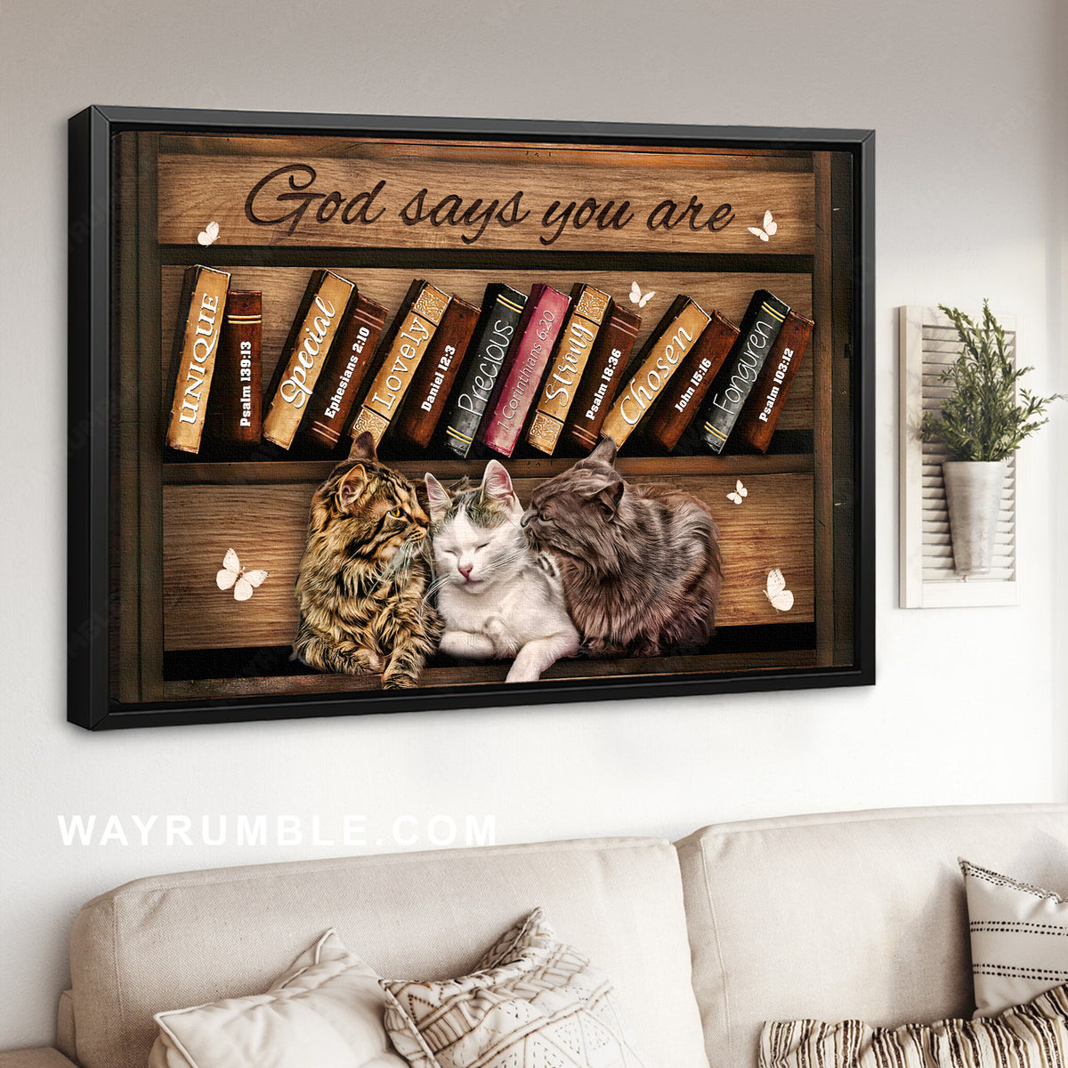 Pretty cat, Antique books, White butterfly, God says you are unique - Jesus Landscape Canvas Prints, Home Decor Wall Art