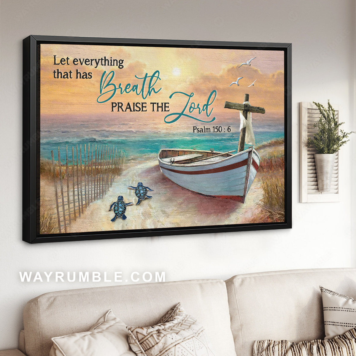 Watercolor boat, Sea turtle, Orange sunset, Cross, Let everything that has breathe - Jesus Landscape Canvas Prints, Christian Wall Art