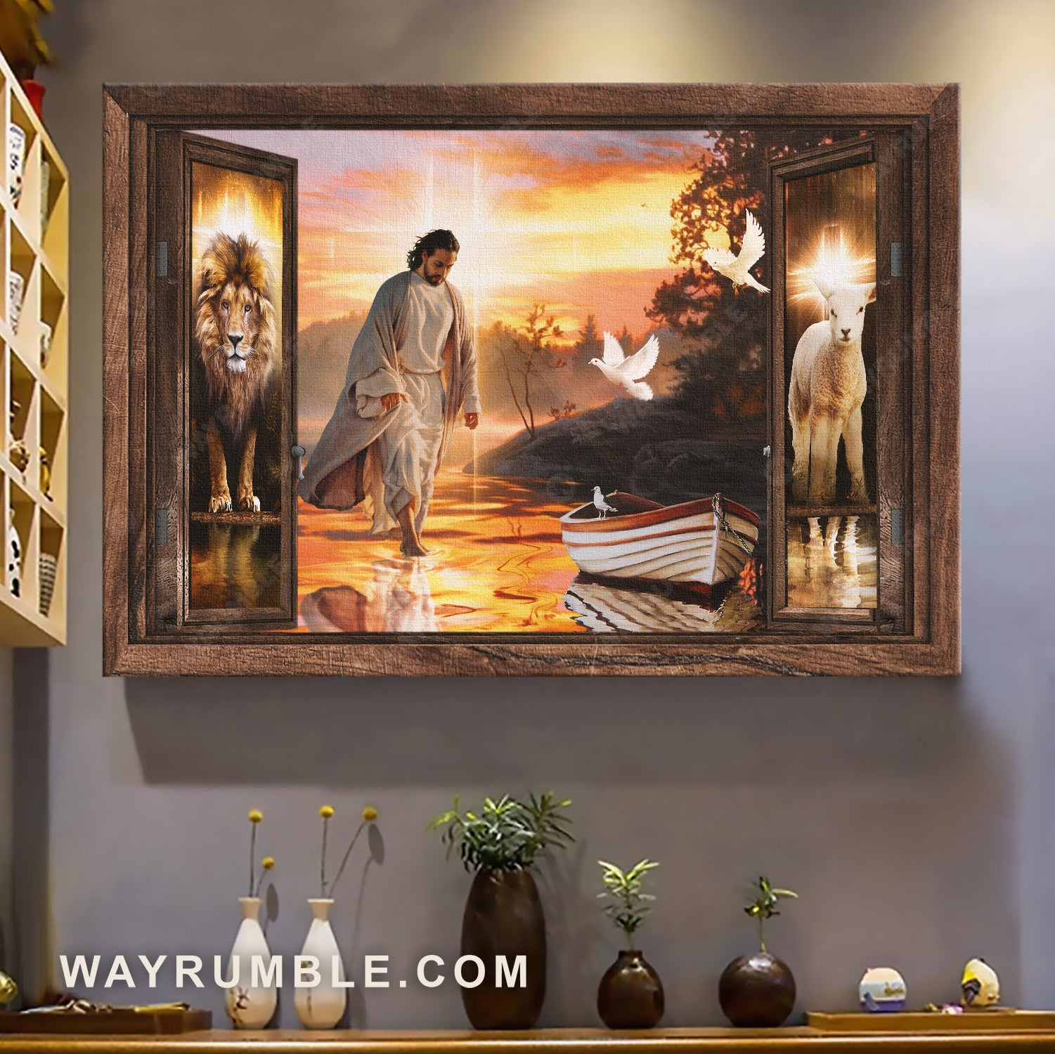 Sunset painting, Jesus walking on water, White dove, Lamb of God - Jesus Landscape Canvas Prints, Home Decor Wall Art