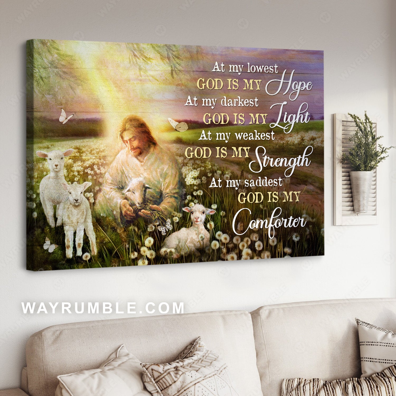 Walking with Jesus, White lamb, Dandelion field, God is my hope - Jesus Landscape Canvas Prints, Christian Wall Art