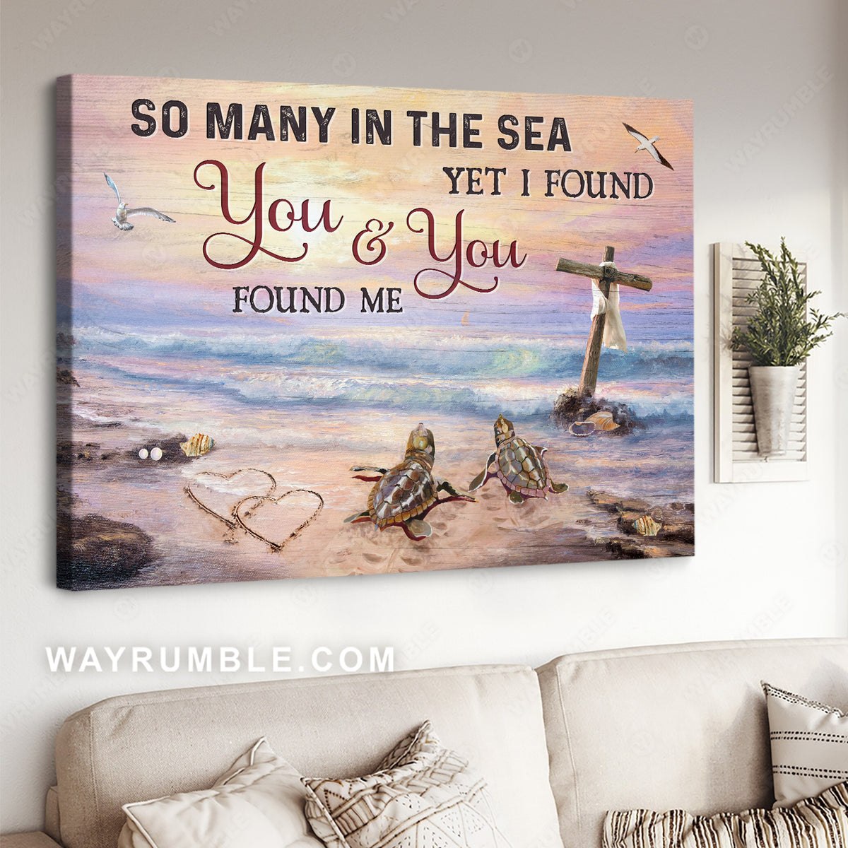 Purple sunset, Wooden cross, Sea turtle, So many in the sea yet I found you - Jesus Landscape Canvas Prints, Christian Wall Art