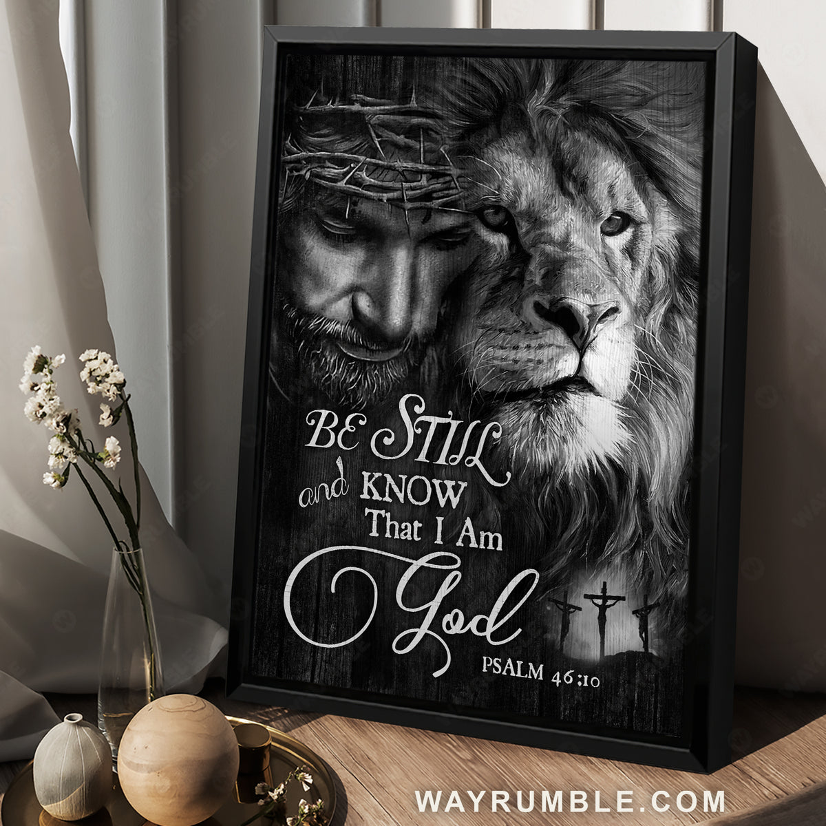 Lion with Jesus, Black and white painting, Be still and know that I am God - Jesus Portrait Canvas Prints, Christian Wall Art