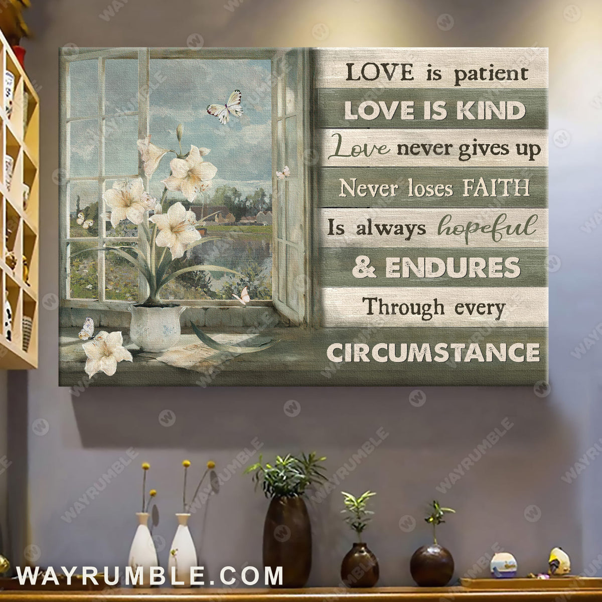 White lily drawing, Green background, Love is patient love is kind - Jesus Landscape Canvas Prints, Wall Art