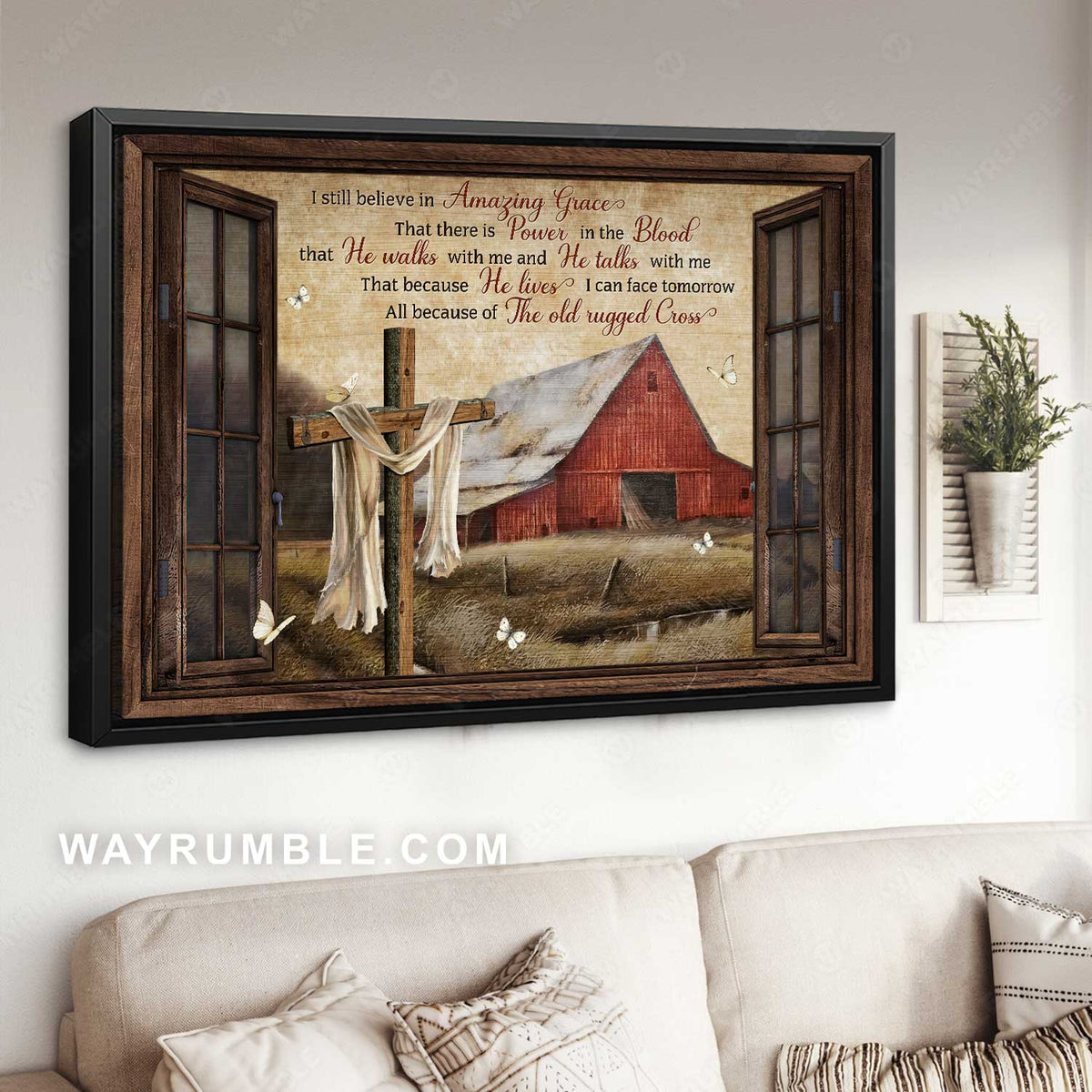 Peace village, Red house, Wooden cross, I still believe in amazing grace - Jesus Landscape Canvas Prints, Home Decor Wall Art
