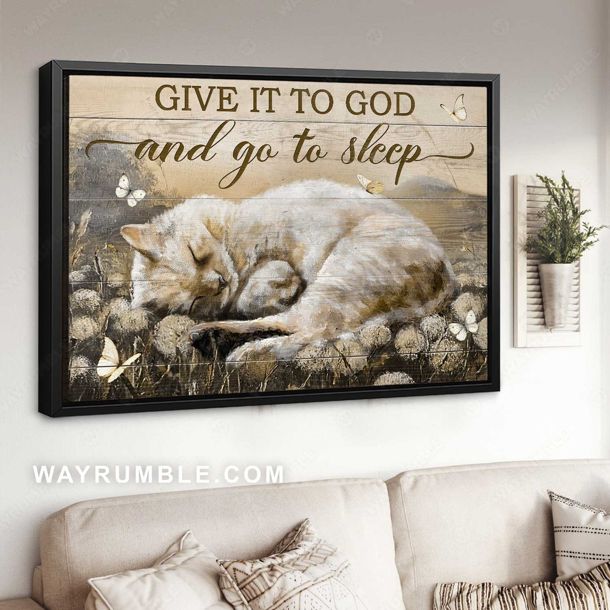 Dandelion field painting, Sleeping cat, Give it to God and go to sleep - Jesus Landscape Canvas Prints, Home Decor Wall Art