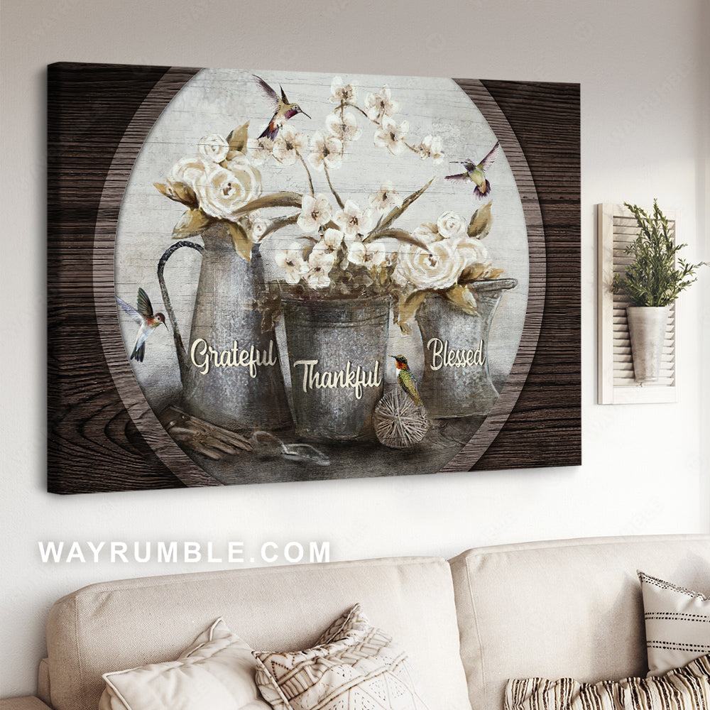 White flower vase, Circle frame, Hummingbird drawing, Grateful - Jesus Landscape Canvas Prints, Christian Wall Art