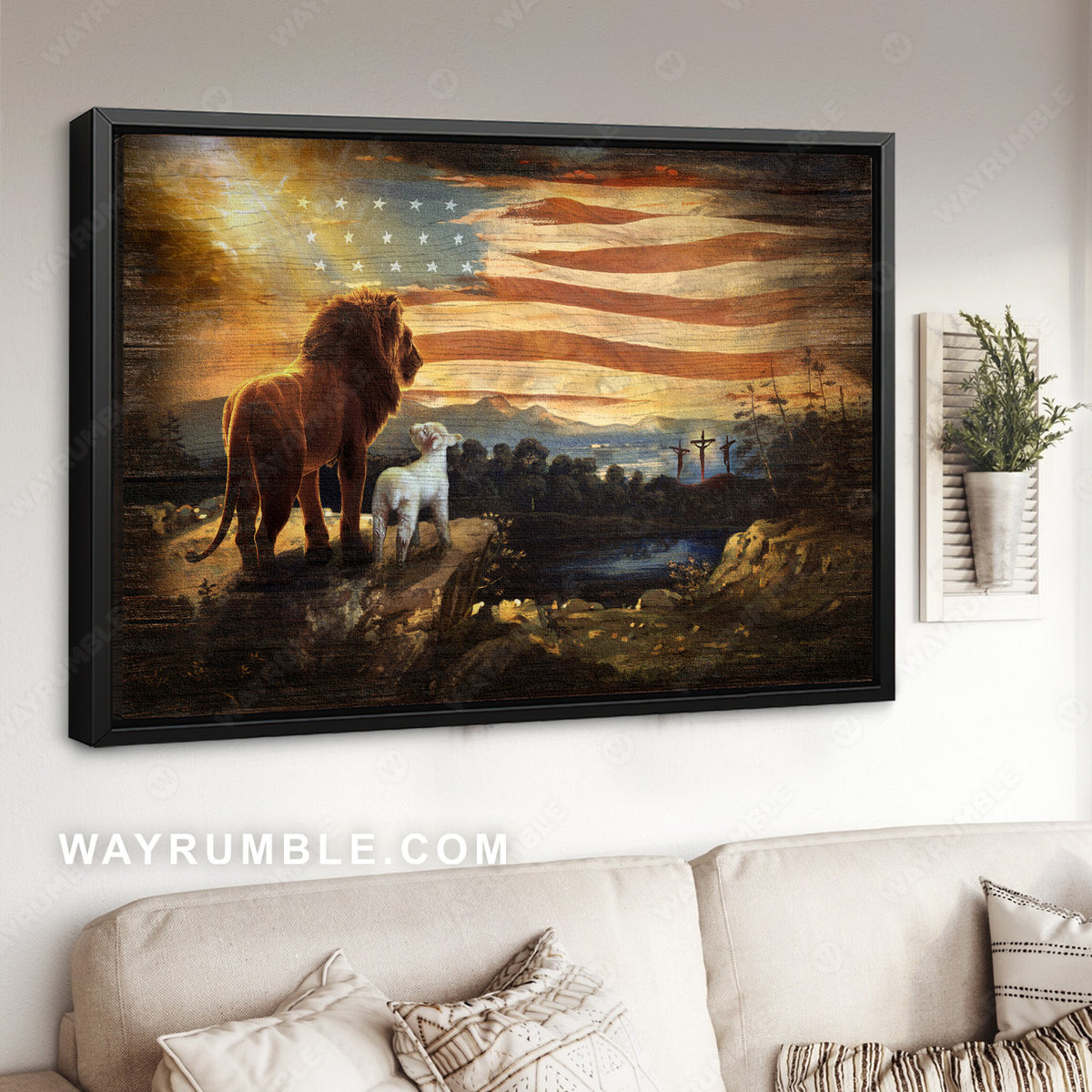 Old US flag, Lion of Judah, Little lamb, Jesus on the cross - Jesus Landscape Canvas Prints, Christian Wall Art