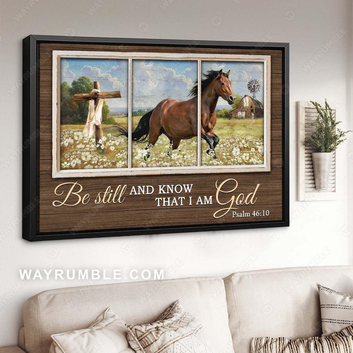 Quarter horse, White flower field, Blue sky, Be still and know that I am God - Jesus Landscape Canvas Prints, Christian Wall Art