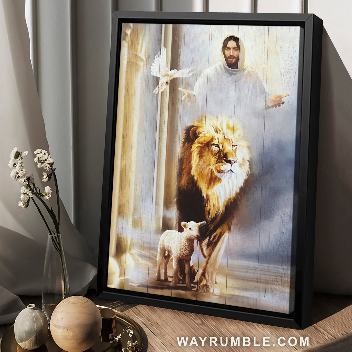 The world of Jesus, Stunning lion, Little lamb of God, White dove - Jesus Portrait Canvas Prints, Home Decor Wall Art