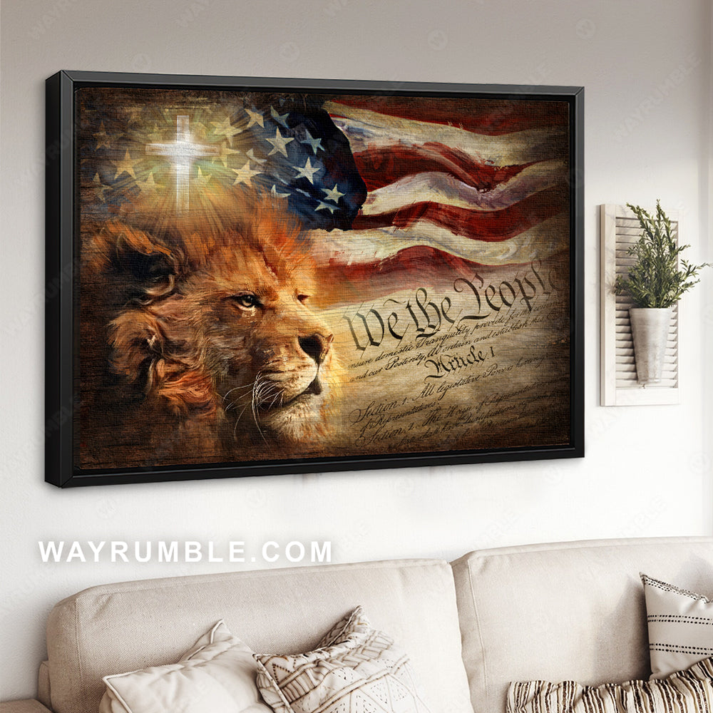 Brown lion painting, Watercolor US flag, Cross, We the people - Jesus Landscape Canvas Prints, Christian Wall Art